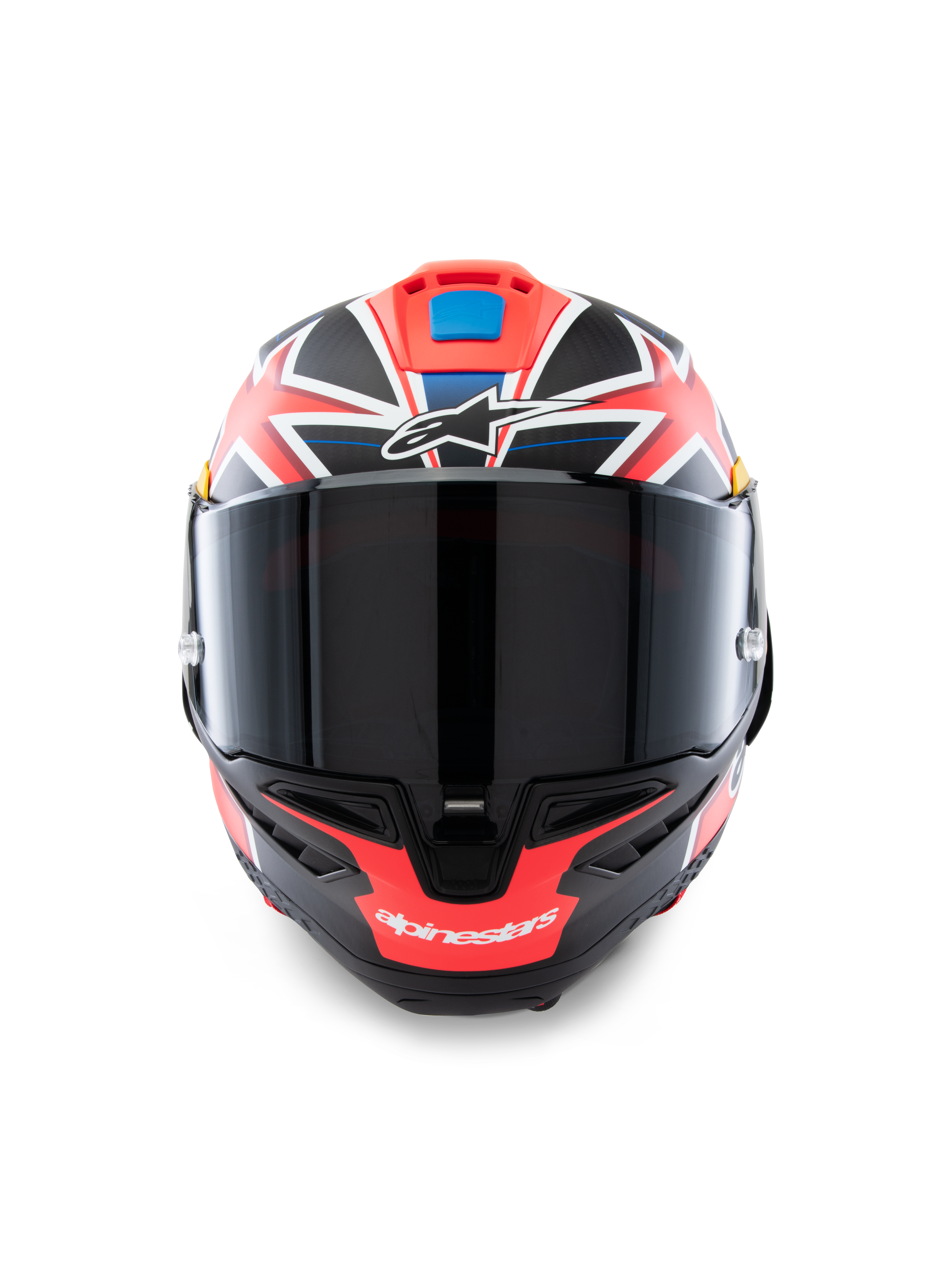 Casque Alpinestars Supertech R10 Miller Limited Edition, vue de face, casque de moto intégral de course avec graphisme Carbon Red Matt et accents blancs et bleus, visière fumée foncée, design signature Jack Miller, construction de coque en carbone aérodynamique