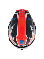 Casque Alpinestars Supertech R10 Miller Limited Edition, vue de dessus, graphique Carbon Red Matt avec bande rouge centrale, étoiles bleues sur sections en fibre de carbone noire, détails blancs et bleus style éclair, design aérodynamique pour la performance sur piste.