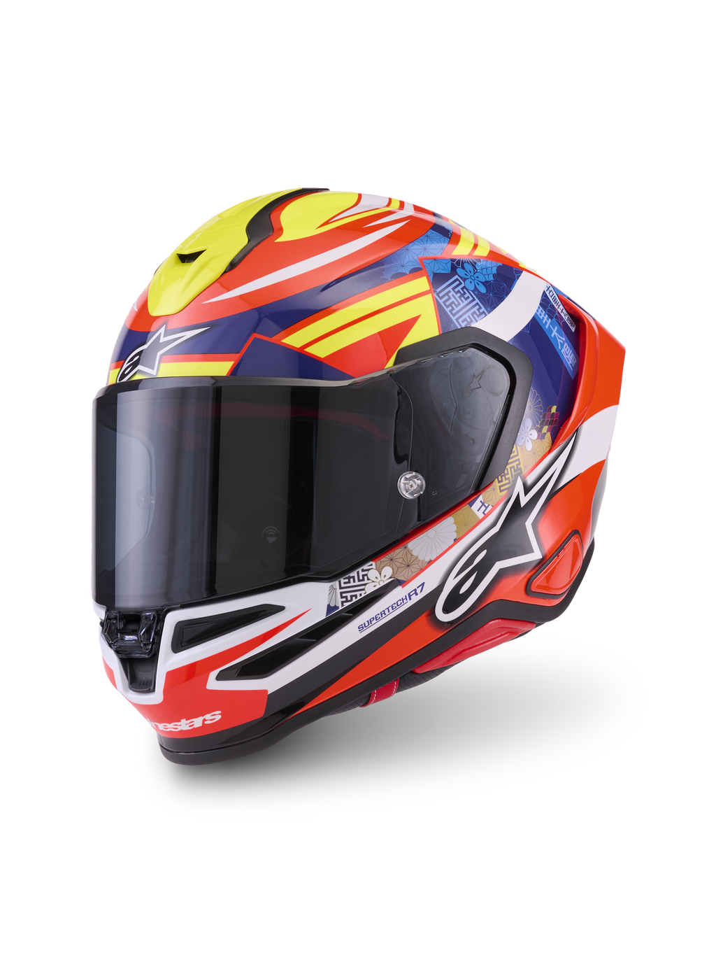 Alpinestars S-R7 Taiyo Furusato Helmet ECE 22.06, full face motorcycle racing helmet, Red, White, Blue, and Yellow, featuring multi-composite carbon shell construction and aerodynamic design