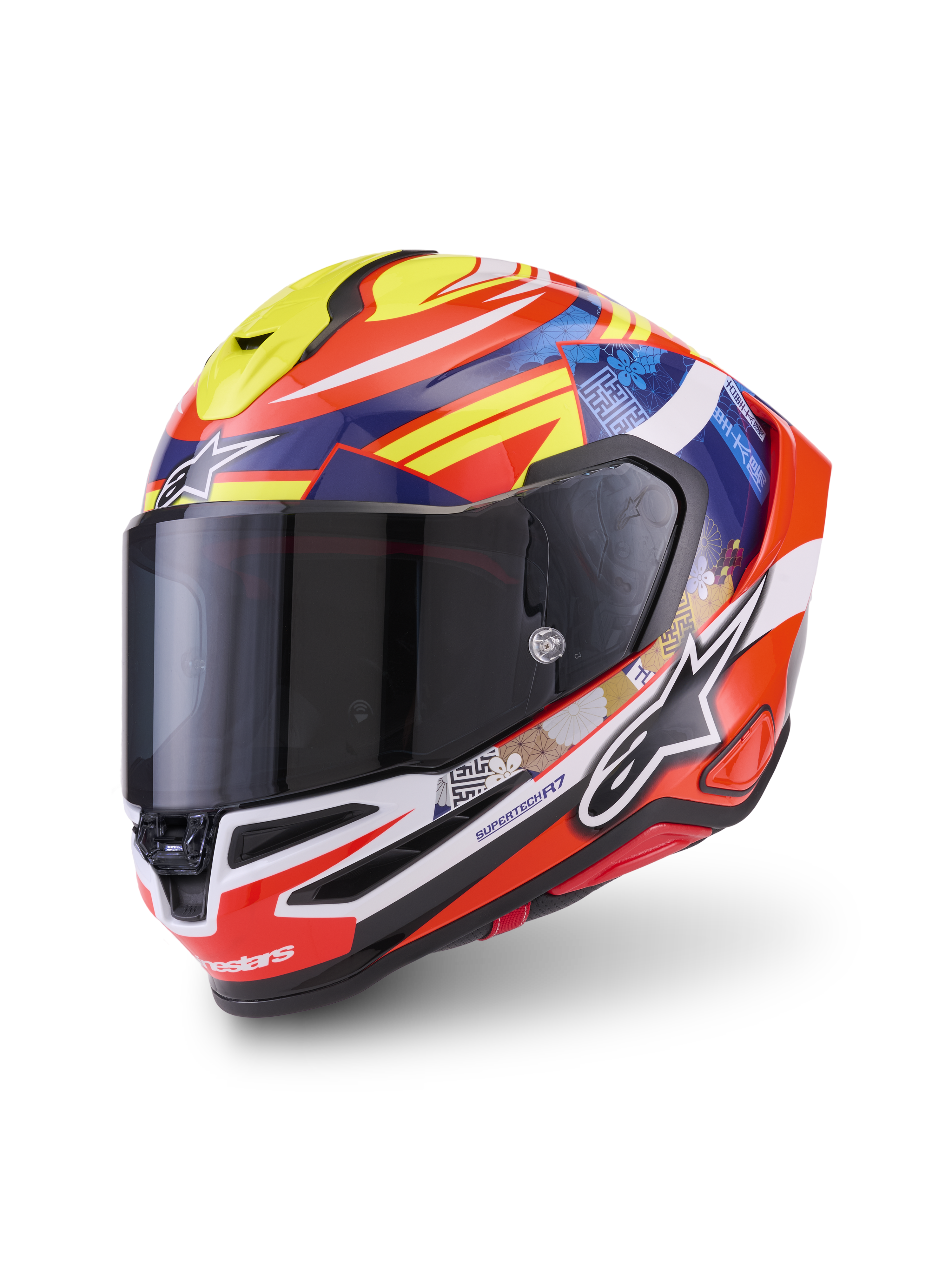 Alpinestars S-R7 Taiyo Furusato Helmet ECE 22.06, full face motorcycle racing helmet, Red, White, Blue, and Yellow, featuring multi-composite carbon shell construction and aerodynamic design