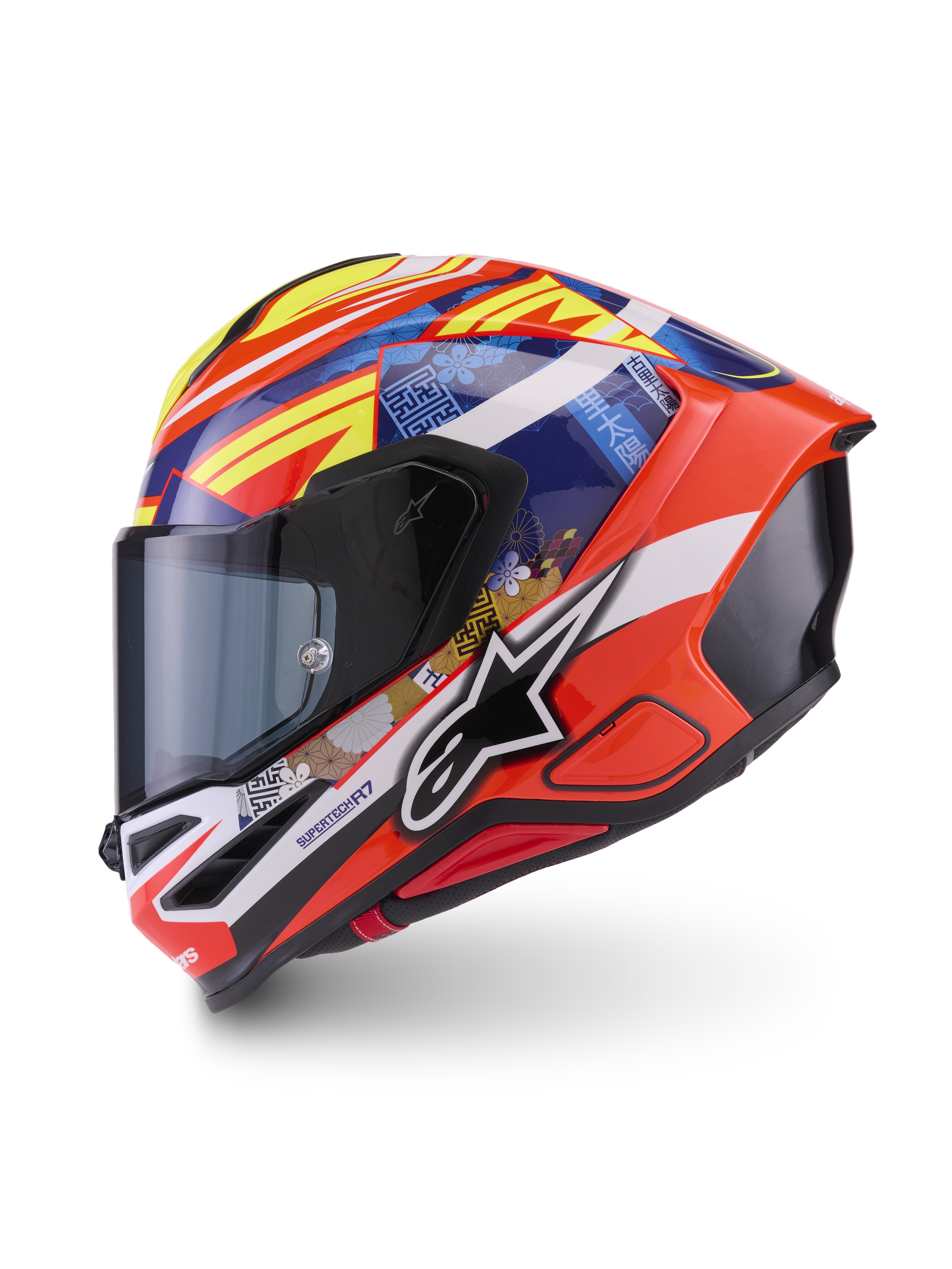 Alpinestars S-R7 Taiyo Furusato Helmet ECE 22.06, full face motorcycle racing helmet, Red, White, Blue, and Yellow glossy finish, ECE certified, carbon multi-composite shell construction