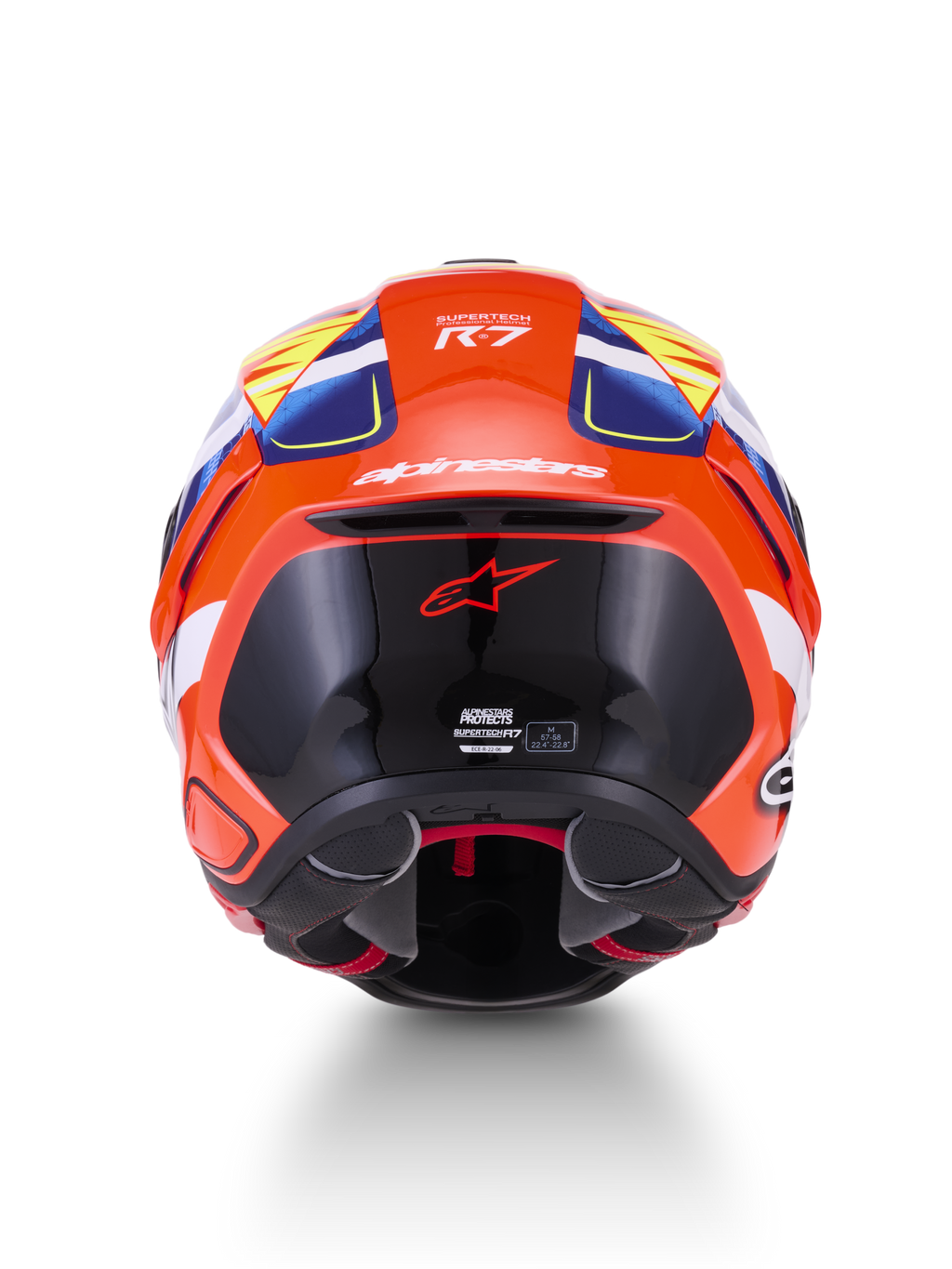 Alpinestars S-R7 Taiyo Furusato Helmet ECE 22.06, full face motorcycle racing helmet, rear view, Red, White, Blue, and Yellow, carbon composite construction