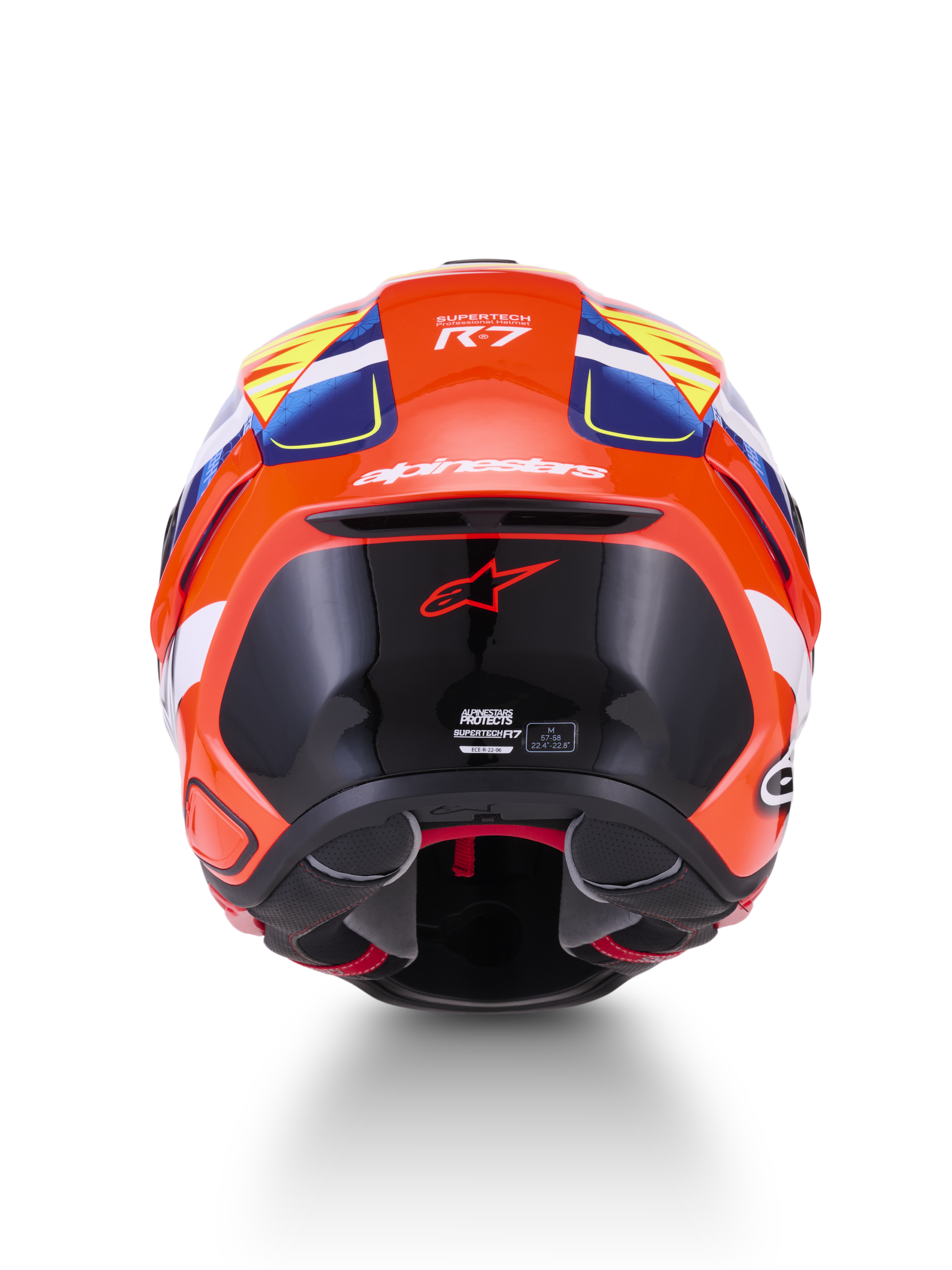 Alpinestars S-R7 Taiyo Furusato Helmet ECE 22.06, full face motorcycle racing helmet, rear view, Red, White, Blue, and Yellow, carbon composite construction