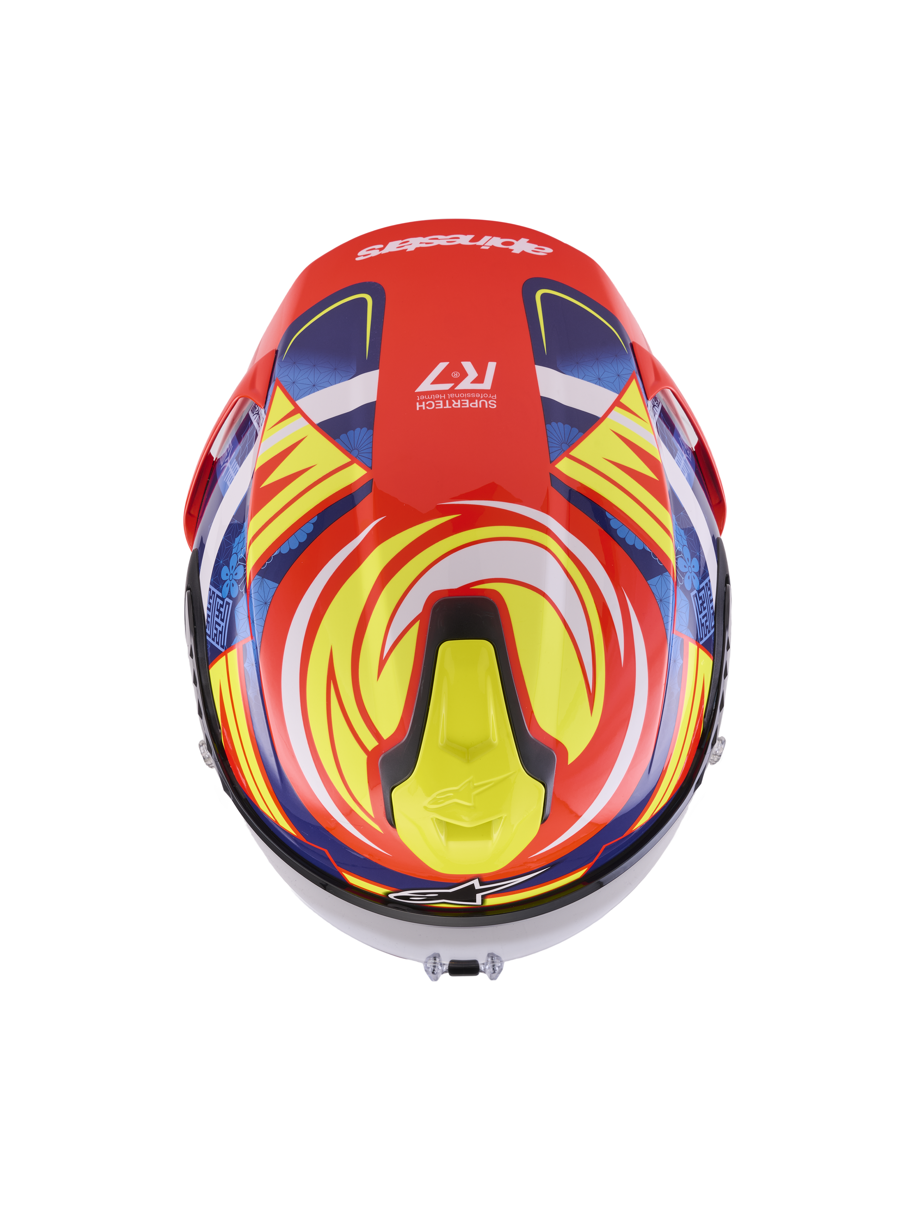 Alpinestars S-R7 Taiyo Furusato Helmet ECE 22.06, Full Face Motorcycle Racing Helmet, Red, White, Blue, and Yellow Glossy, ECE Certified carbon construction, top view showing aerodynamic spoiler and ventilation ports