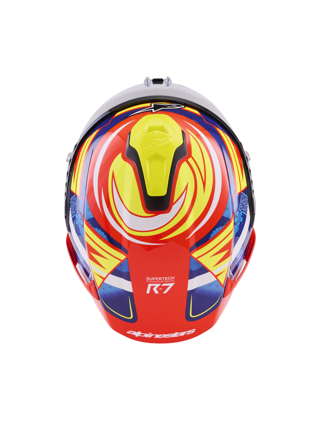 Alpinestars S-R7 Taiyo Furusato Helmet, ECE 22.06 certified full-face racing helmet, top-down rear view showing multi-composite carbon shell construction in Red, White, Blue, and Yellow Glossy