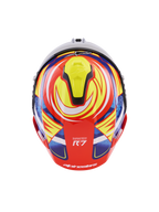 Alpinestars S-R7 Taiyo Furusato Helmet, ECE 22.06 certified full-face racing helmet, top-down rear view showing multi-composite carbon shell construction in Red, White, Blue, and Yellow Glossy