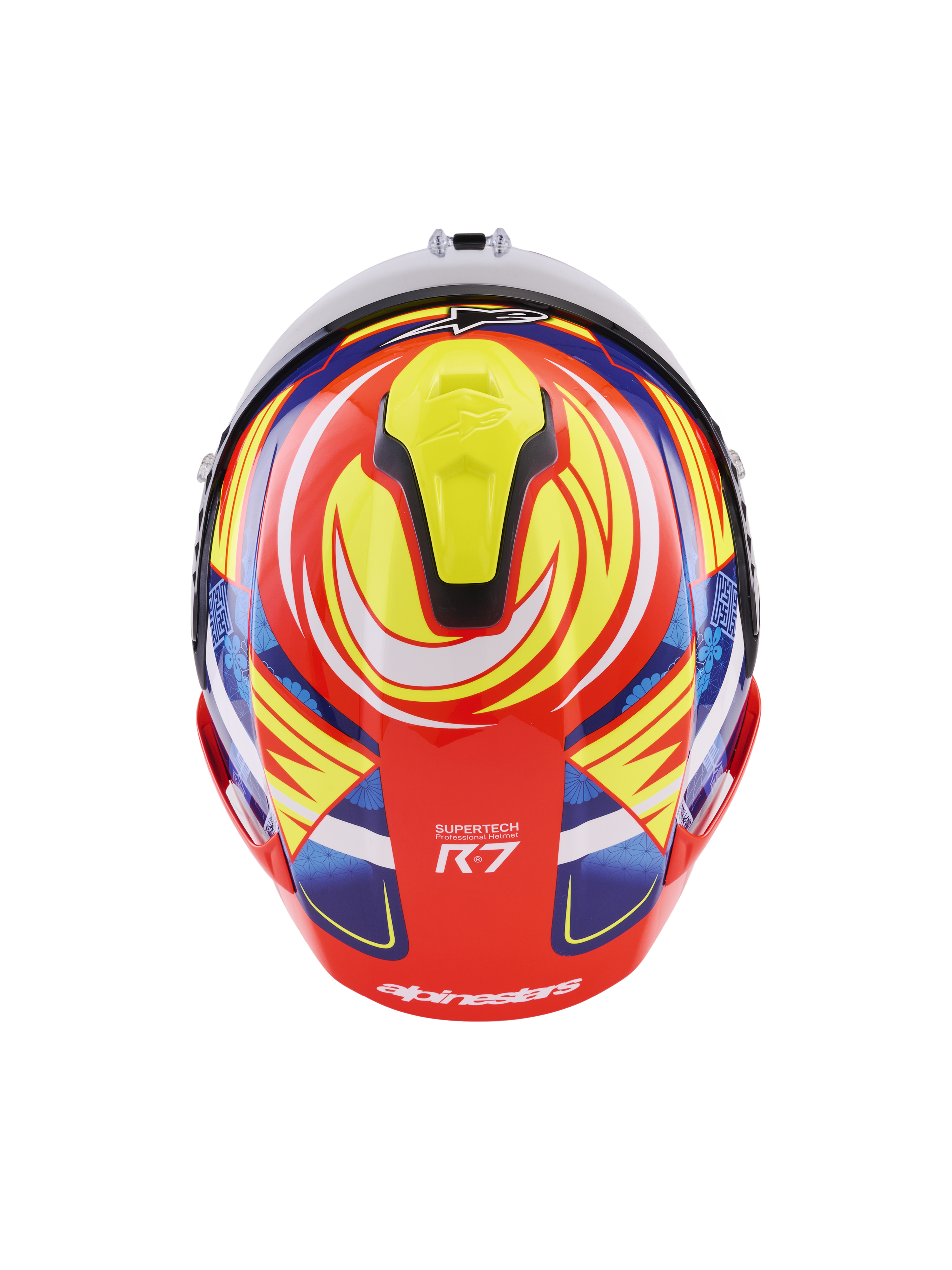 Alpinestars S-R7 Taiyo Furusato Helmet, ECE 22.06 certified full-face racing helmet, top-down rear view showing multi-composite carbon shell construction in Red, White, Blue, and Yellow Glossy