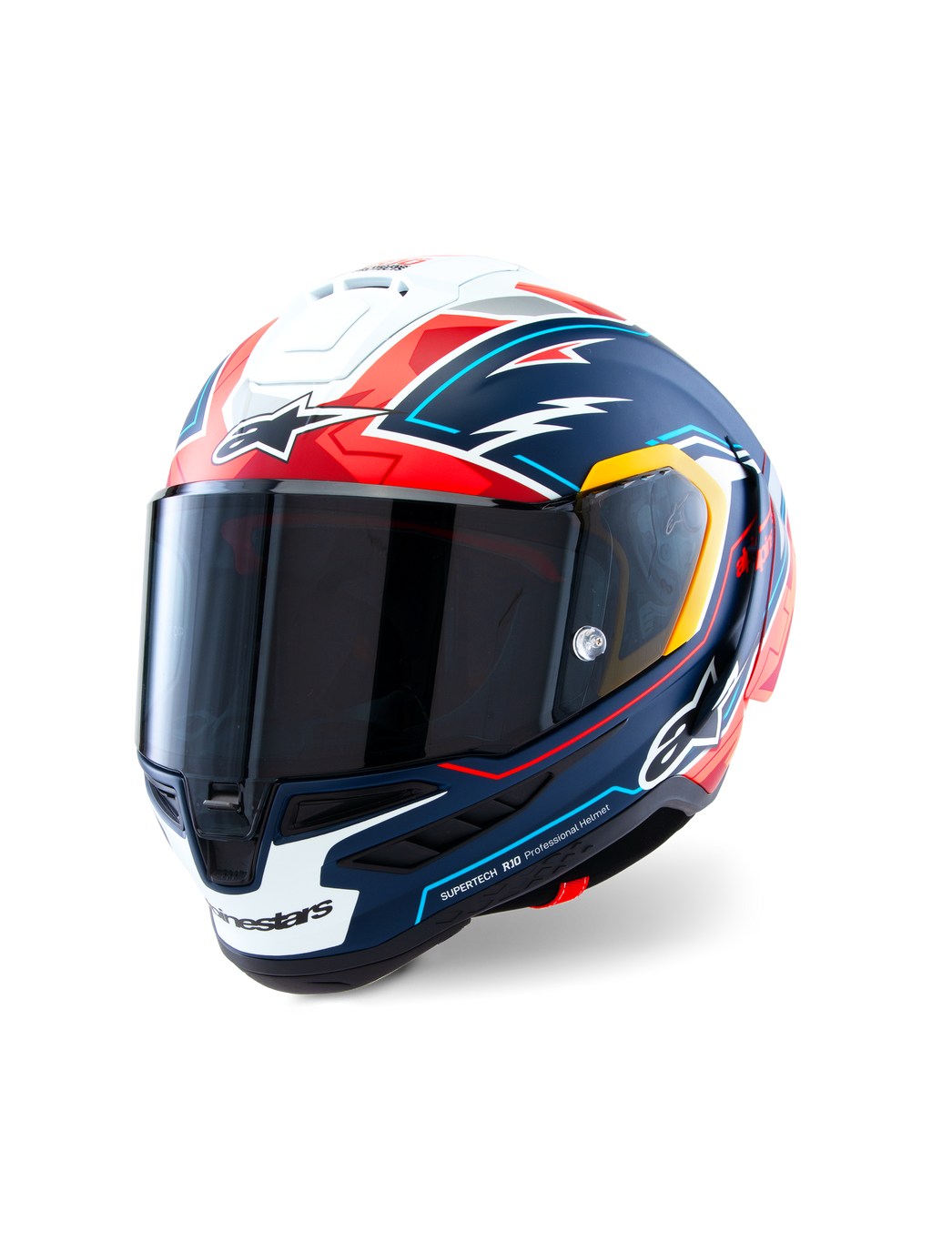Alpinestars Supertech R10 Acosta Limited Edition, casque de moto intégral de course, bleu, rouge et blanc mat avec accents graphiques, conception de coque aérodynamique en carbone, visière fumée foncée, équipement de protection professionnel haute performance
