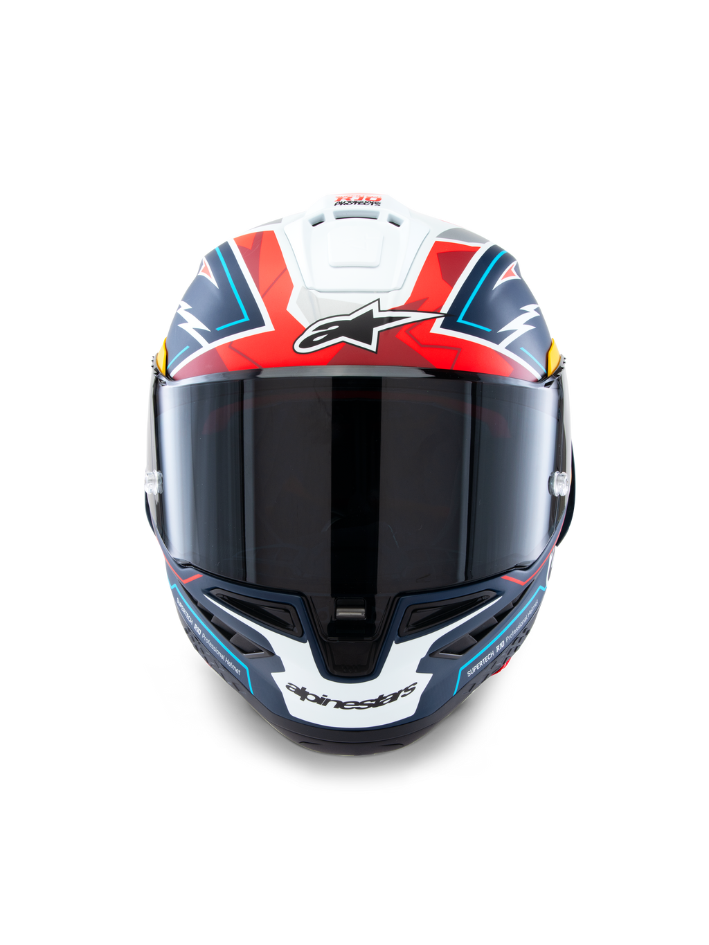 Casque Alpinestars Supertech R10 Acosta Édition Limitée, vue de face, bleu, rouge et blanc mat, casque de course haute performance avec visière fumée foncée, design géométrique audacieux et logo Alpinestars, coque en composite de carbone