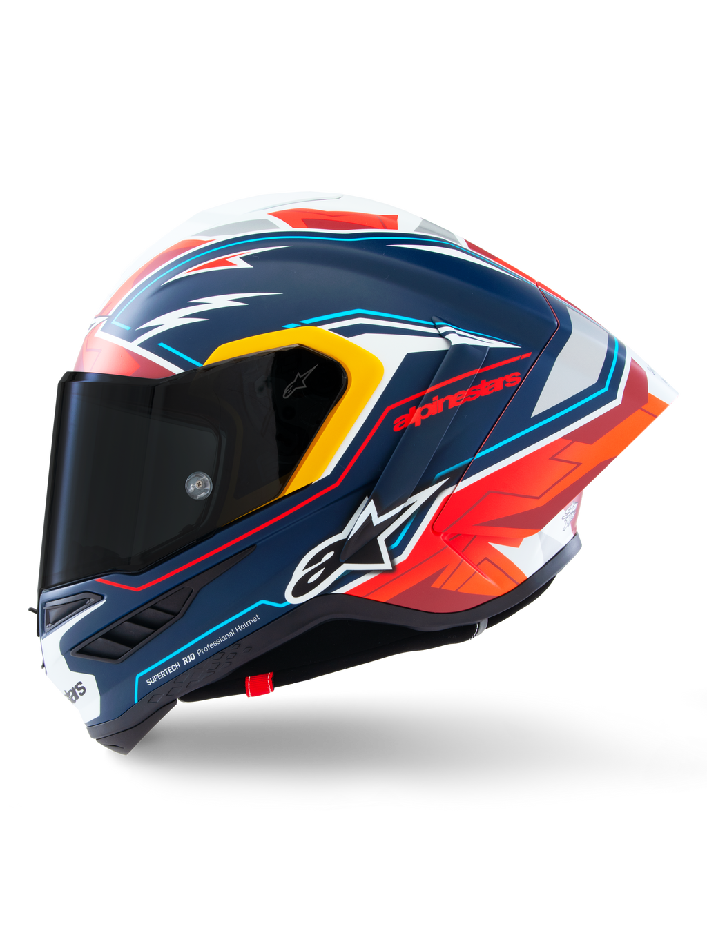 Casque Alpinestars Supertech R10 Acosta Limited Edition, casque de course intégral, bleu mat avec des accents rouges, blancs et jaunes, vue latérale montrant la visière fumée foncée et l'aileron aérodynamique, design de course professionnel en fibre de carbone