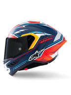 Casque Alpinestars Supertech R10 Acosta Limited Edition, casque de course intégral, bleu mat avec des accents rouges, blancs et jaunes, vue latérale montrant la visière fumée foncée et l'aileron aérodynamique, design de course professionnel en fibre de carbone