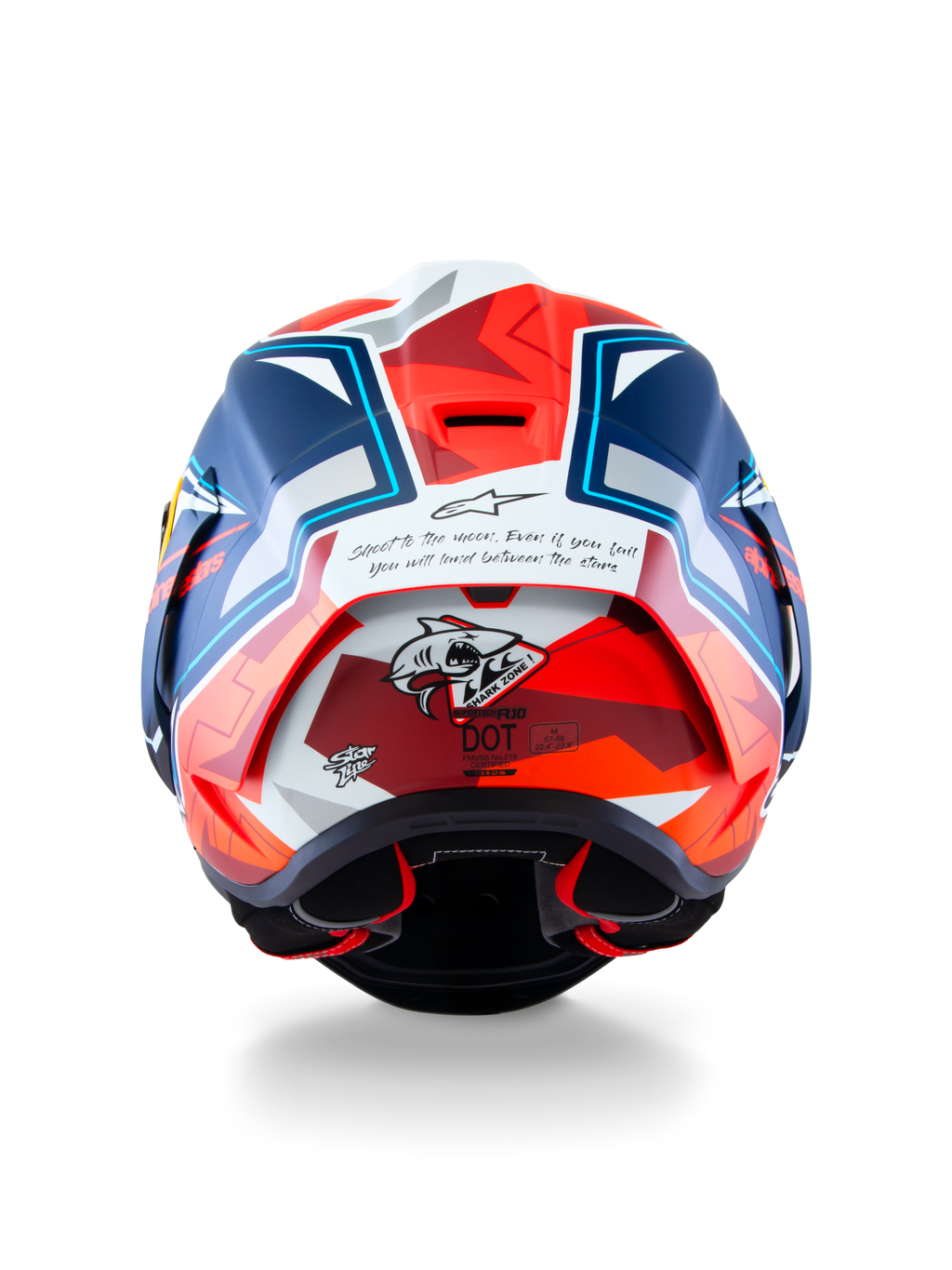 Casque Alpinestars Supertech R10 Acosta Édition Limitée, vue arrière, bleu, rouge et blanc mat, avec le motif de requin « Shark Zone » et une citation inspirante à l'arrière, spoiler aérodynamique de course et protection moto professionnelle