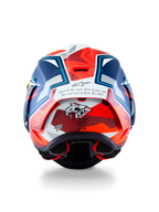 Casque Alpinestars Supertech R10 Acosta Édition Limitée, vue arrière, bleu, rouge et blanc mat, avec le motif de requin « Shark Zone » et une citation inspirante à l'arrière, spoiler aérodynamique de course et protection moto professionnelle