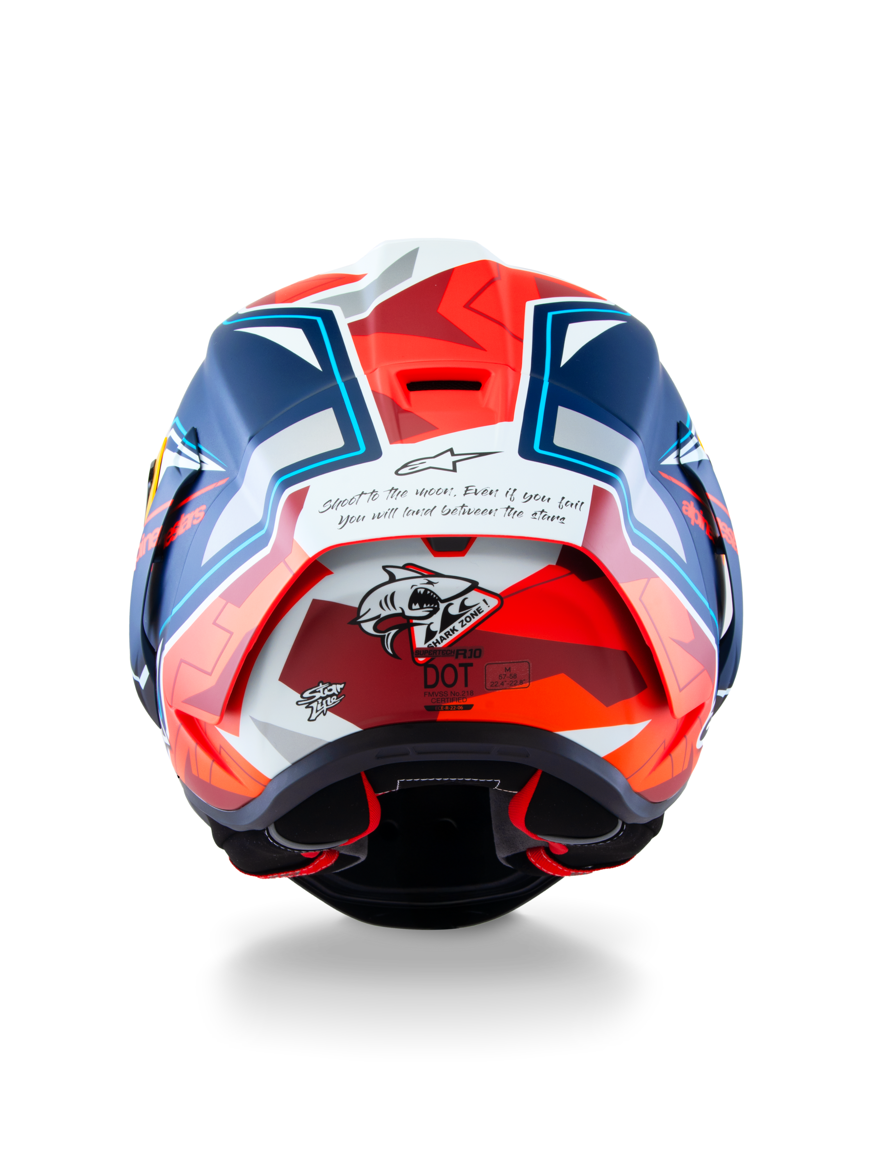 Casque Alpinestars Supertech R10 Acosta Édition Limitée, vue arrière, bleu, rouge et blanc mat, avec le motif de requin « Shark Zone » et une citation inspirante à l'arrière, spoiler aérodynamique de course et protection moto professionnelle