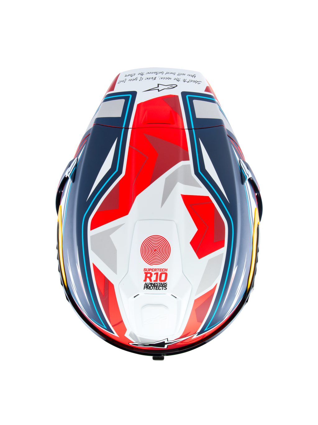 Casque Alpinestars Supertech R10 Acosta Limited Edition, vue de dessus, bleu, rouge et blanc mat, casque de moto de course doté d'une coque aérodynamique avec des graphismes géométriques, marquage « Supertech R10 » sur le sommet et finition mate.