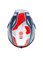 Casque Alpinestars Supertech R10 Acosta Limited Edition, vue de dessus, bleu, rouge et blanc mat, casque de moto de course doté d'une coque aérodynamique avec des graphismes géométriques, marquage « Supertech R10 » sur le sommet et finition mate.