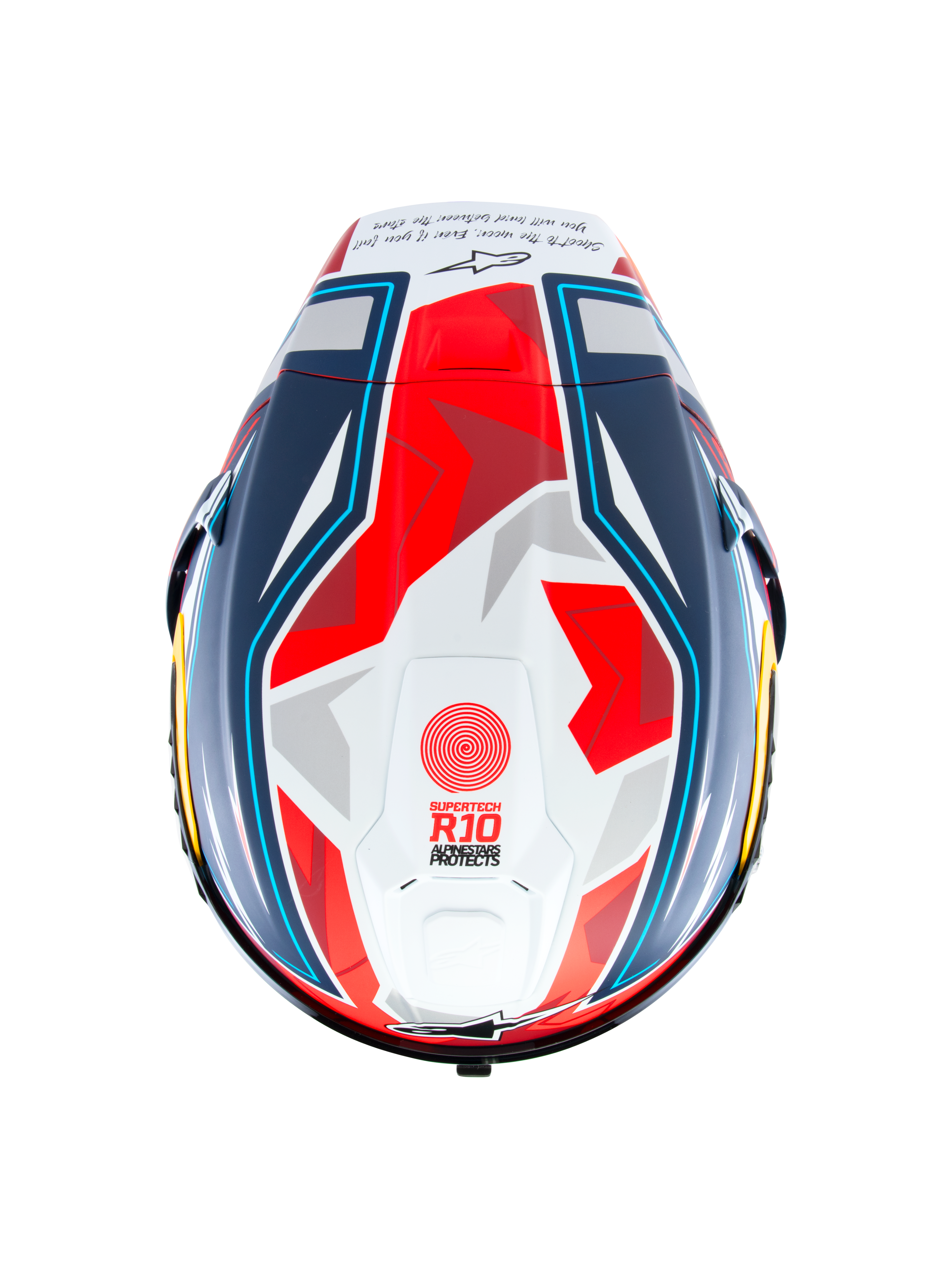 Casque Alpinestars Supertech R10 Acosta Limited Edition, vue de dessus, bleu, rouge et blanc mat, casque de moto de course doté d'une coque aérodynamique avec des graphismes géométriques, marquage « Supertech R10 » sur le sommet et finition mate.