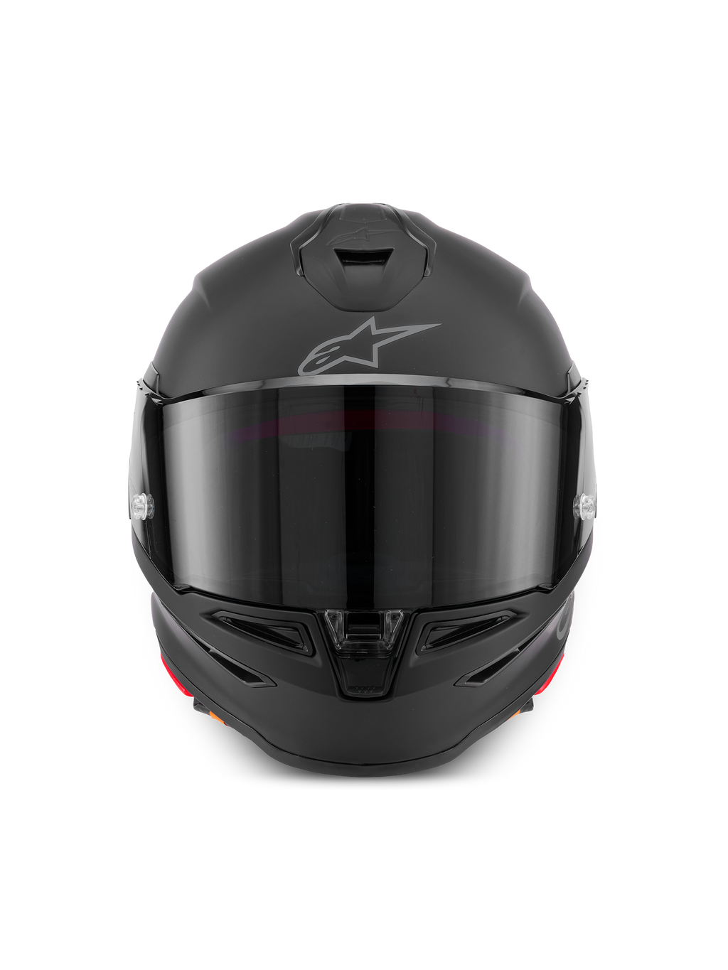 Alpinestars S-R7 Solid Helm, Motorrad-Integralhelm in Mattschwarz, Vorderansicht mit aerodynamischer Schale, dunklem Visier, integrierten Belüftungsöffnungen an Kinn und Oberseite sowie dem markanten Astar-Logo auf der Stirn.