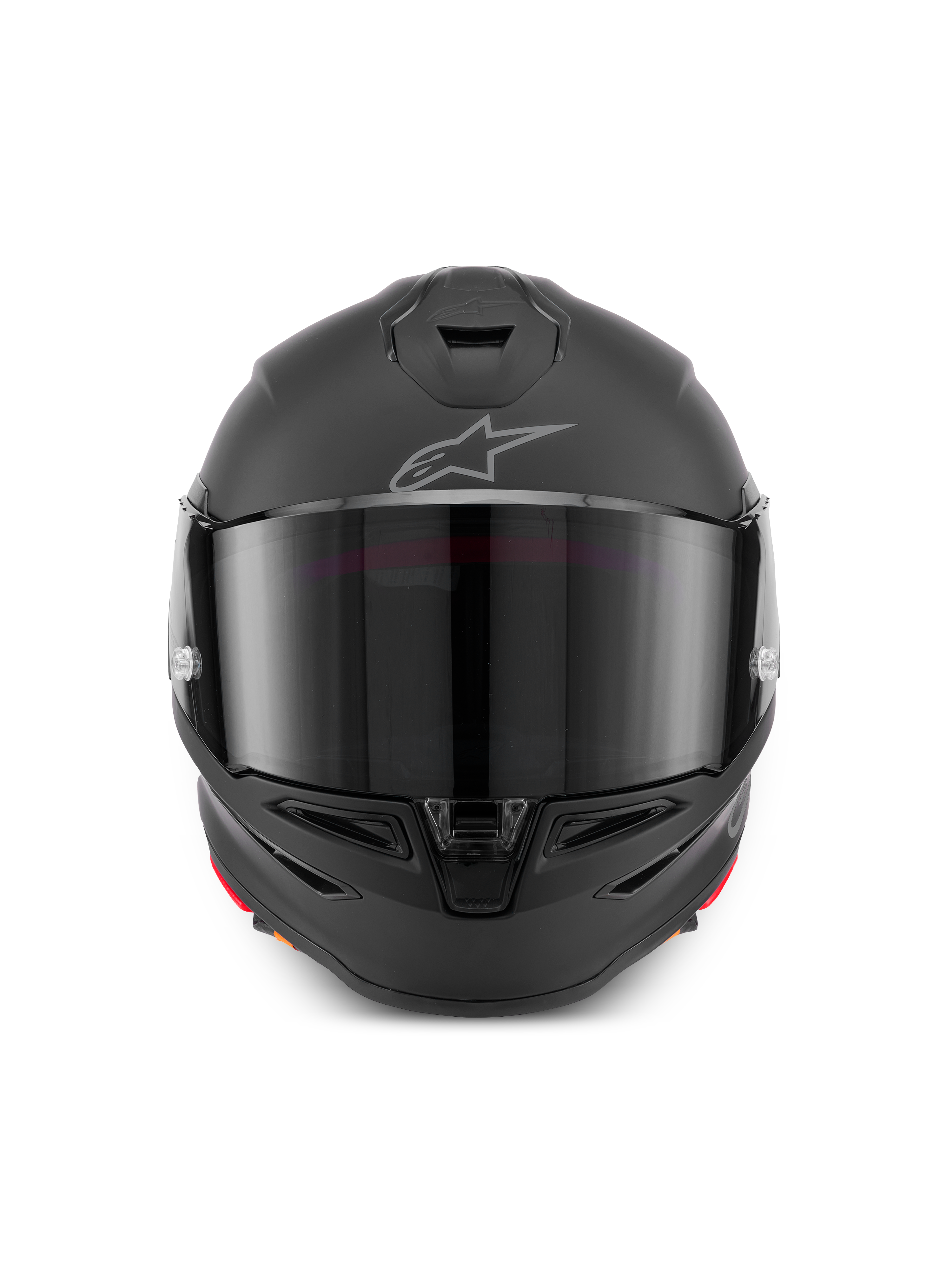Alpinestars S-R7 Solid Helm, Motorrad-Integralhelm in Mattschwarz, Vorderansicht mit aerodynamischer Schale, dunklem Visier, integrierten Belüftungsöffnungen an Kinn und Oberseite sowie dem markanten Astar-Logo auf der Stirn.