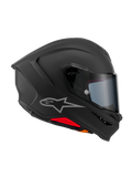 Alpinestars S-R7 Solid Helm, Motorrad-Integralhelm, Mattschwarz, Seitenprofilansicht mit aerodynamischer Carbon-Verbundschale, integriertem Heckspoiler, silbernem Astars-Logo, klarem Visier und Belüftungsöffnungen, Renn- und Sport-Fahrerausrüstung