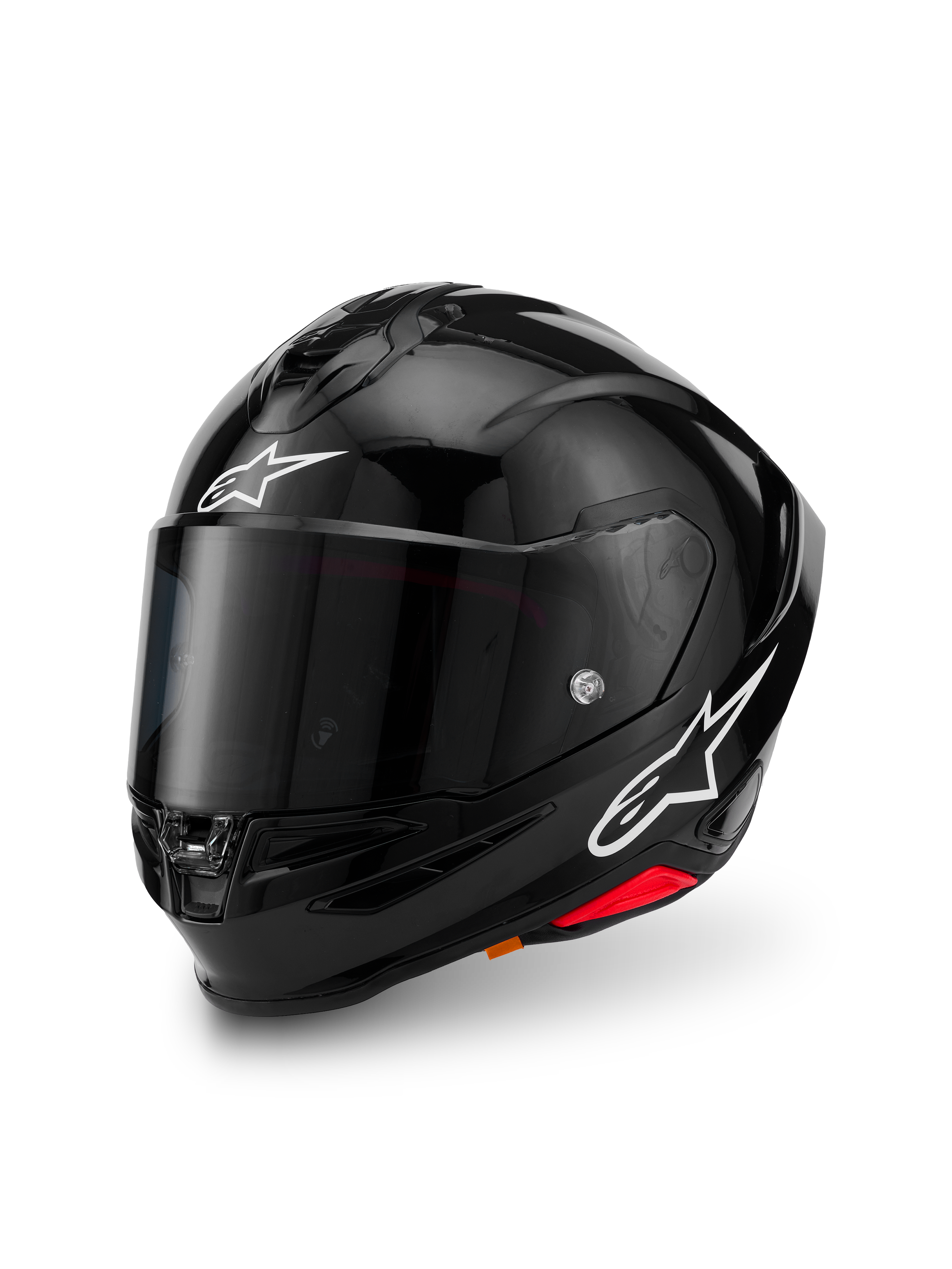 Alpinestars S-R7 Solid Helm, Schwarz glänzend, Integral-Motorradhelm mit Kohlefaser-Verbundschale, weiße Stern-Logos auf Stirn und Seite, aerodynamisches Design mit integriertem Spoiler und Belüftungsöffnungen