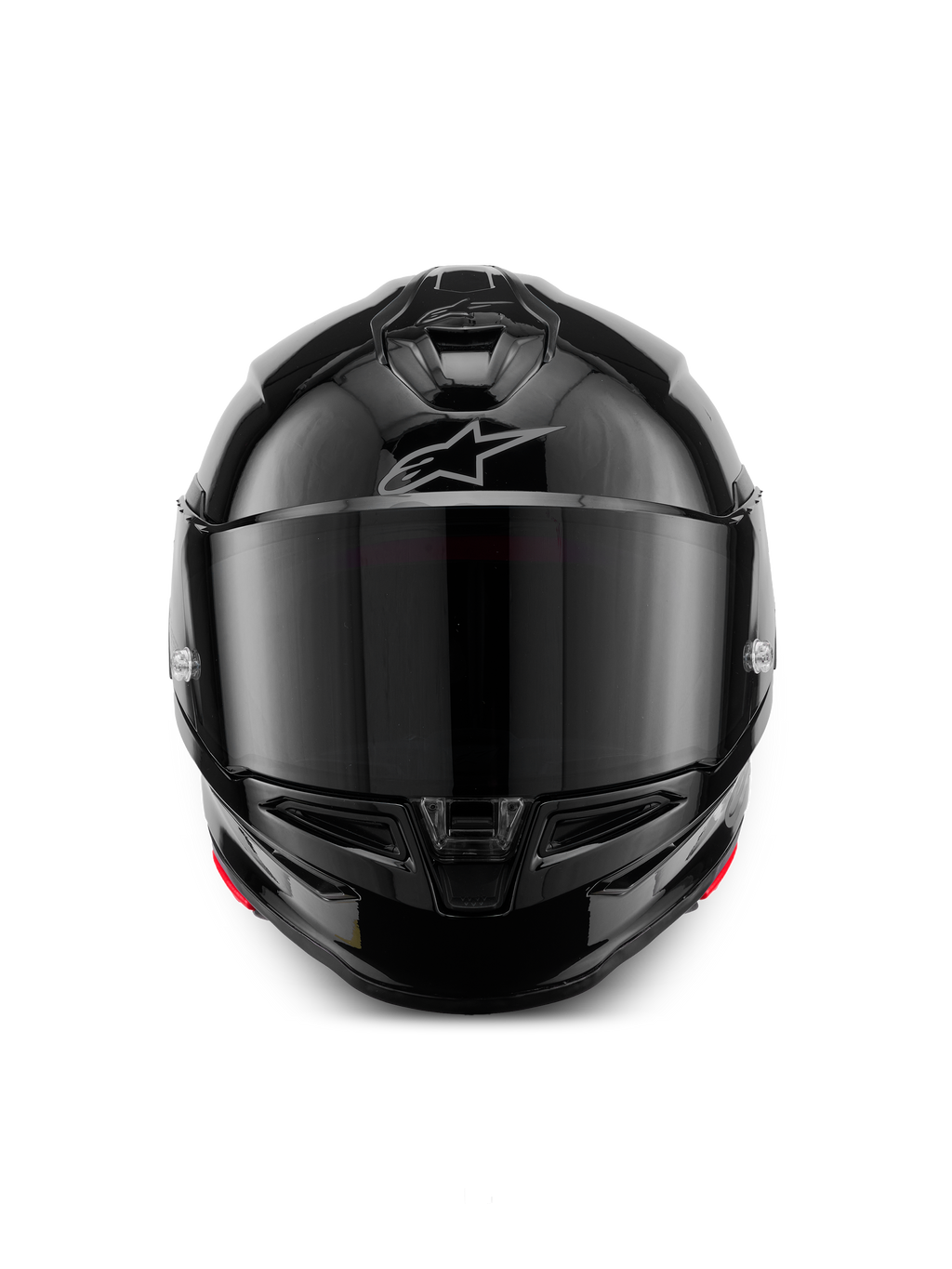 Alpinestars S-R7 Solid Helm, Motorrad-Integralhelm, Schwarz glänzend, Vorderansicht mit dunkel getöntem Visier, stromlinienförmige aerodynamische Schale mit Kinn- und Oberkopfbelüftung, dezentes silbernes Alpinestars-Logo auf der Stirn.