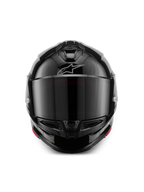 Alpinestars S-R7 Solid Helm, Motorrad-Integralhelm, Schwarz glänzend, Vorderansicht mit dunkel getöntem Visier, stromlinienförmige aerodynamische Schale mit Kinn- und Oberkopfbelüftung, dezentes silbernes Alpinestars-Logo auf der Stirn.