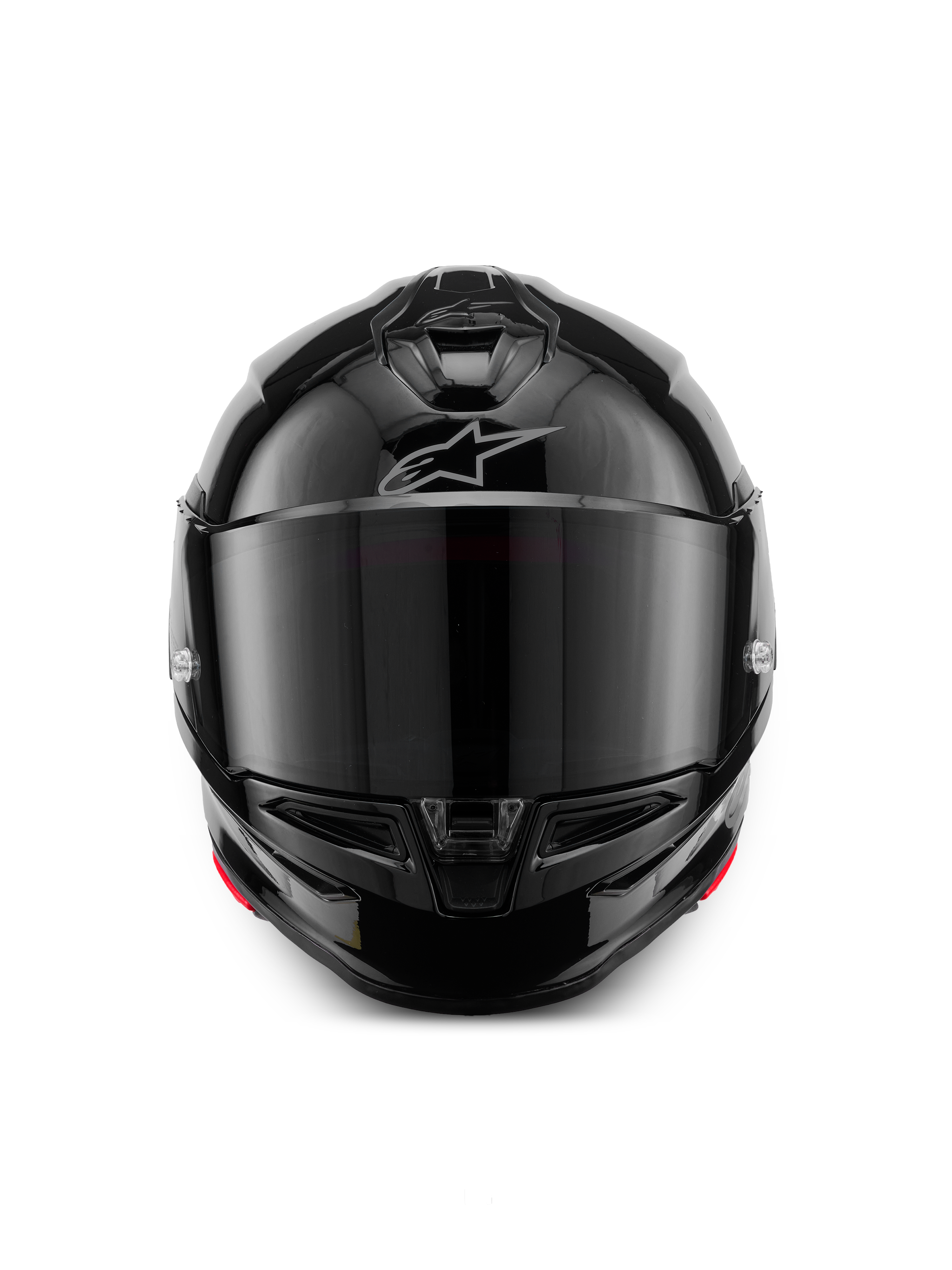 Alpinestars S-R7 Solid Helm, Motorrad-Integralhelm, Schwarz glänzend, Vorderansicht mit dunkel getöntem Visier, stromlinienförmige aerodynamische Schale mit Kinn- und Oberkopfbelüftung, dezentes silbernes Alpinestars-Logo auf der Stirn.