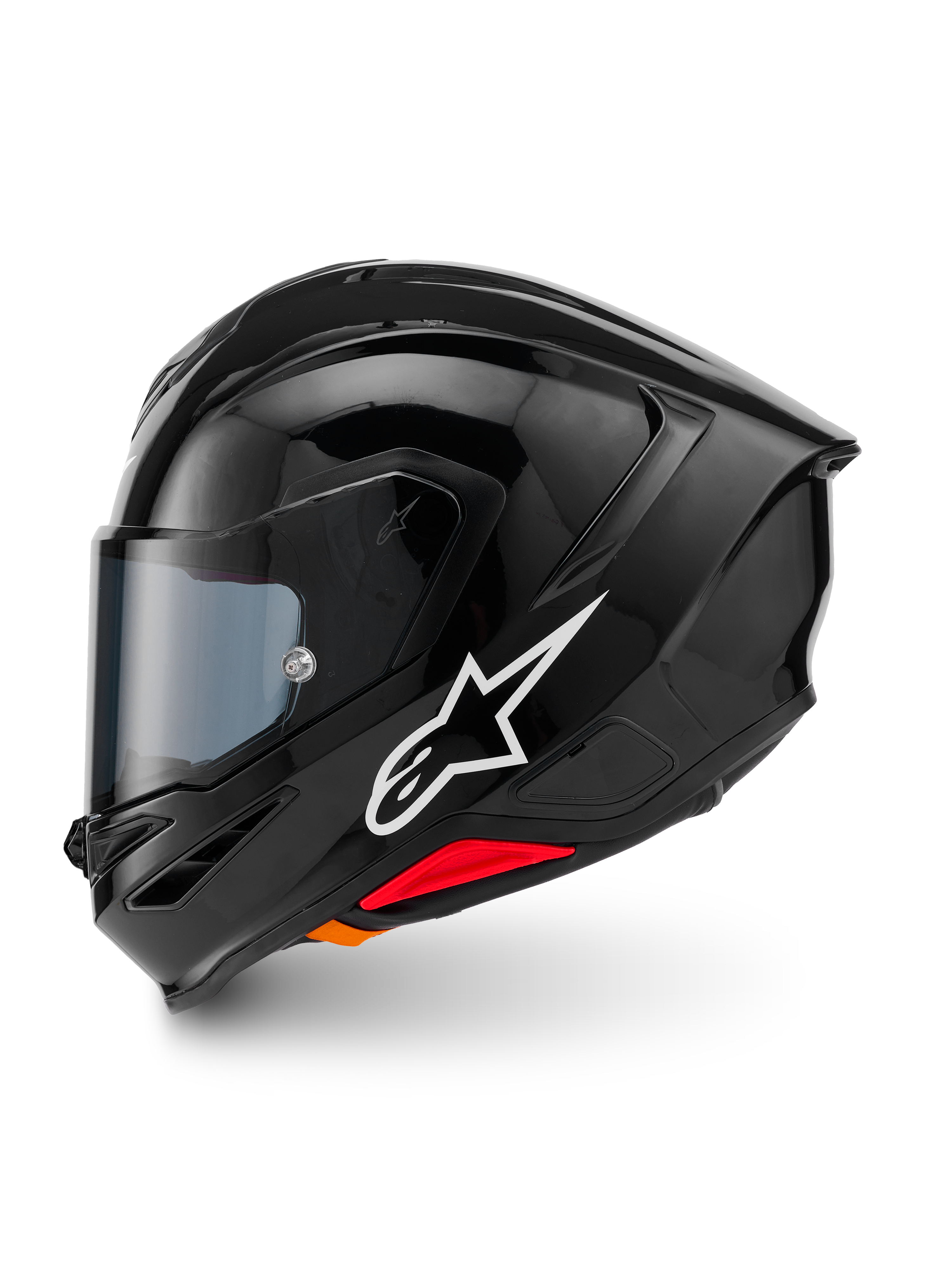 Alpinestars S-R7 Solid Helm, Integralhelm, Schwarz Glänzend, linke Seitenansicht mit weißem Alpinestars-Logo, aerodynamische Schale mit integriertem Spoiler, getöntes Visier und rote Notentriegelungs-Akzente.