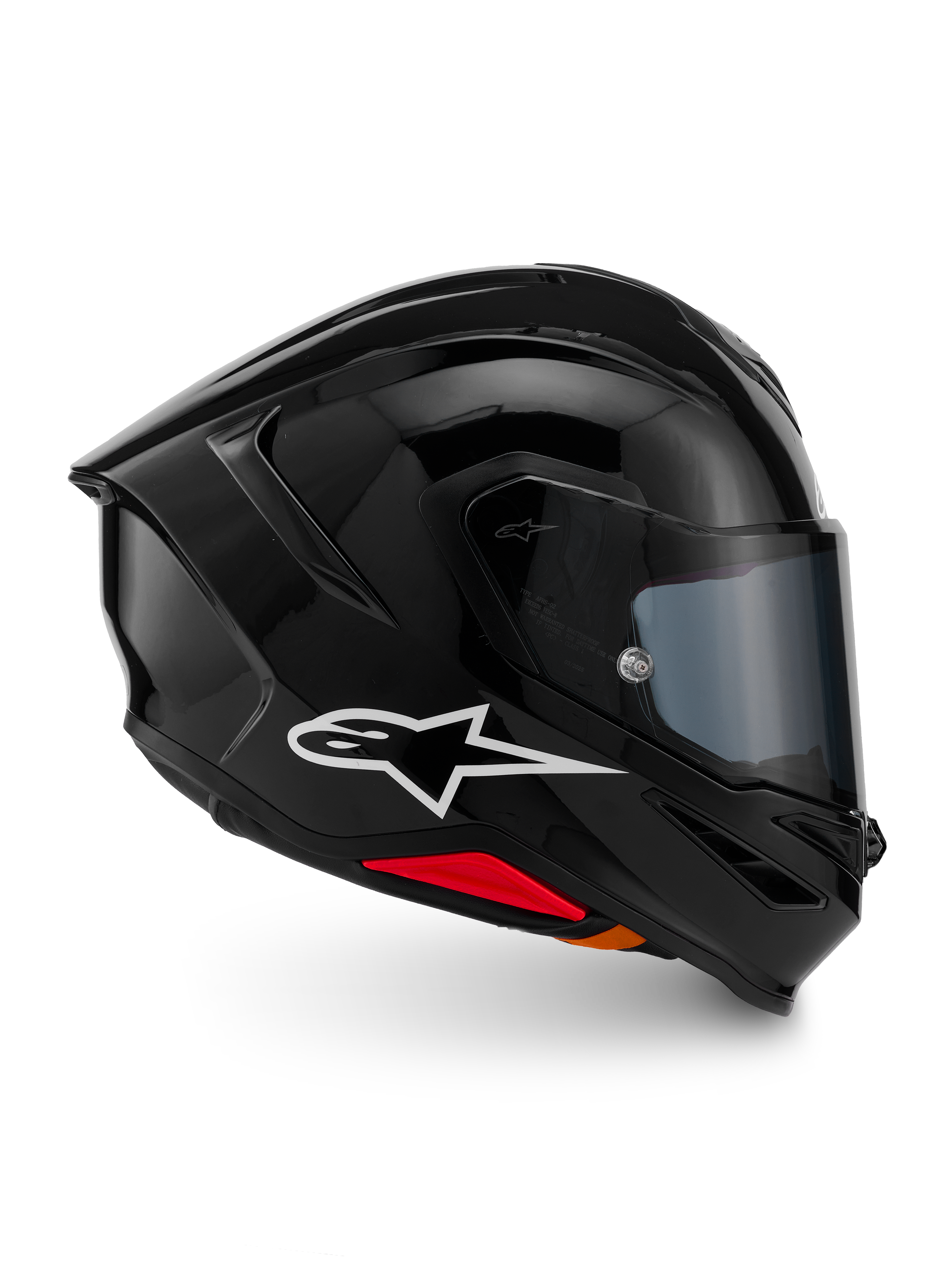 Alpinestars S-R7 Solid Helm, Integral-Motorradhelm, Schwarz glänzend, Profilansicht mit weißem A-Star-Logo, stromlinienförmige aerodynamische Außenschale mit integriertem Spoiler und roten Akzenten an der Unterseite, entwickelt für Rennsport- und Sport-Performance.
