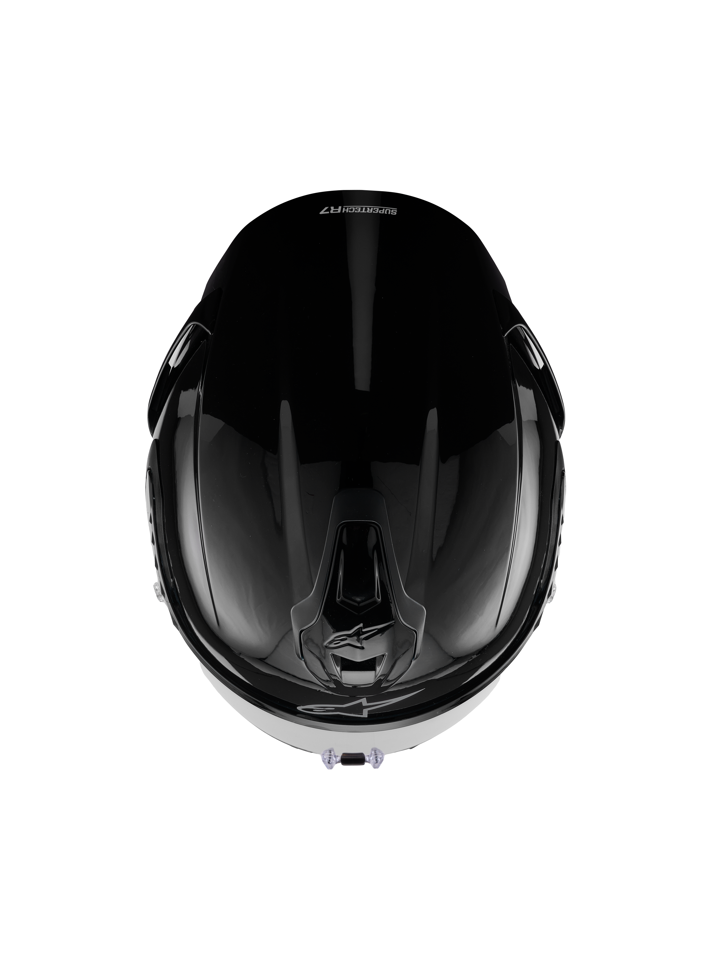 Alpinestars S-R7 Solid Helm, Integral-Motorradhelm, Schwarz Glänzend, Draufsicht mit aerodynamischer Schale, Belüftungsöffnungen und elegantem glänzendem Finish