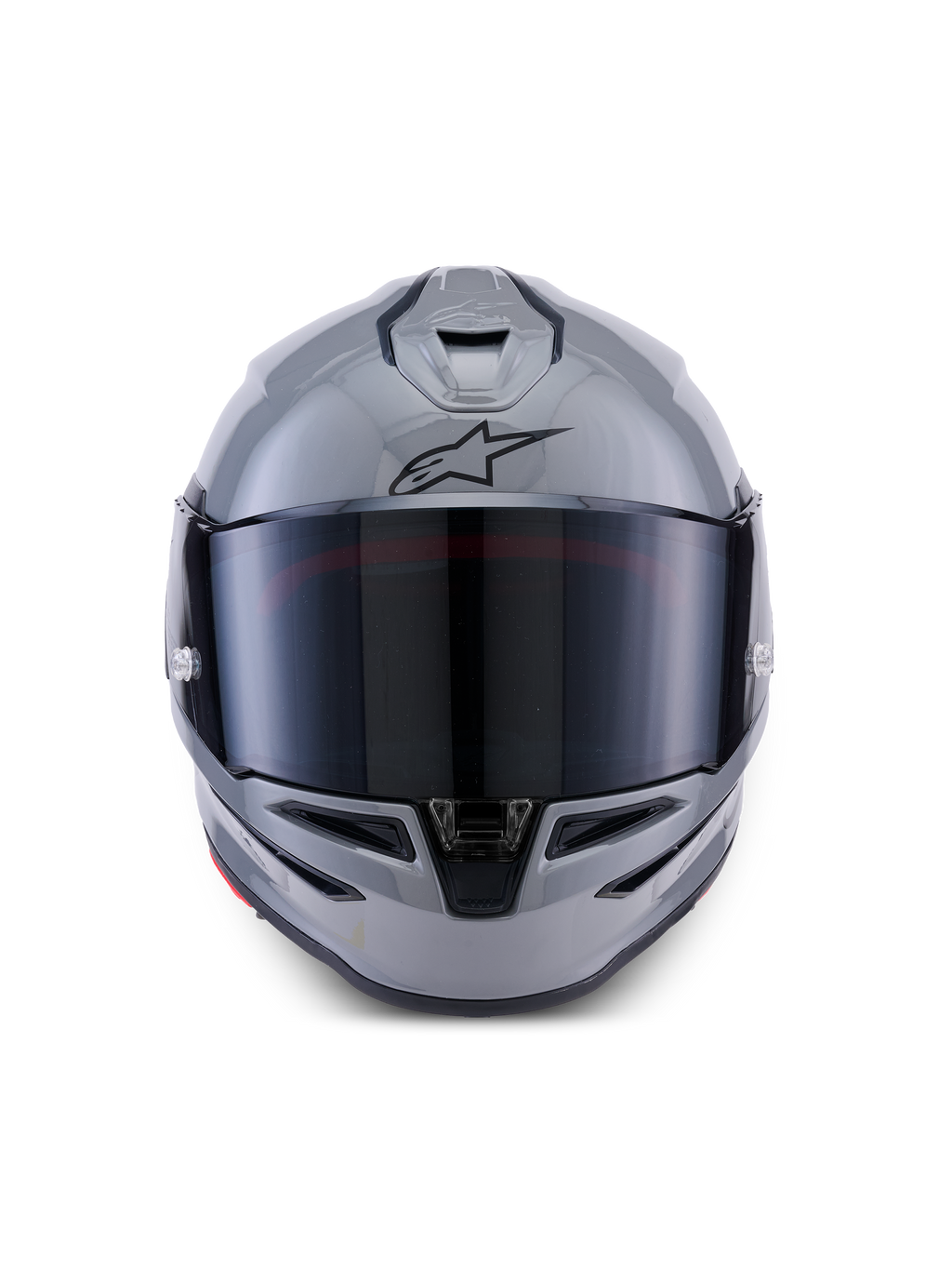 Alpinestars S-R7 Solid Helm, Integral-Motorradhelm, Grau Glänzend, Vorderansicht mit dunkel getöntem Visier, schwarzes A-Star-Logo auf der Stirn, aerodynamische Schale mit integrierter Belüftung, entwickelt für Rennsport- und sportliche Leistung.
