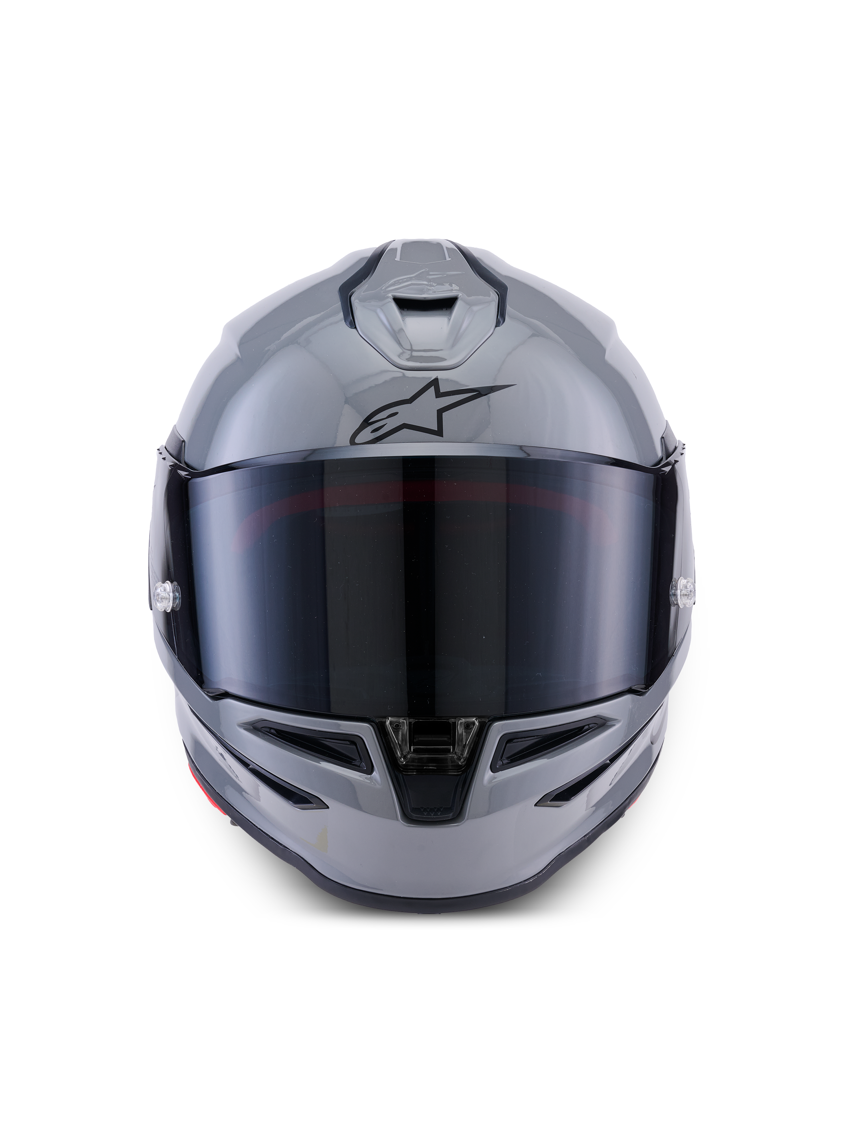 Alpinestars S-R7 Solid Helm, Integral-Motorradhelm, Grau Glänzend, Vorderansicht mit dunkel getöntem Visier, schwarzes A-Star-Logo auf der Stirn, aerodynamische Schale mit integrierter Belüftung, entwickelt für Rennsport- und sportliche Leistung.
