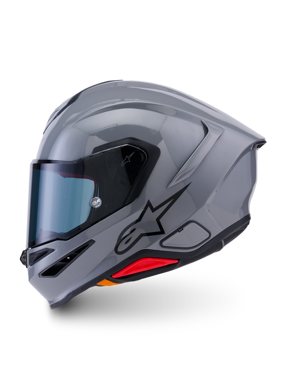 Alpinestars S-R7 Solid Helm, Motorrad-Integralhelm, Grau Glänzend, Seitenprofil mit schlankem, aerodynamischem Design und integriertem Spoiler, schwarzes Stern-Logo und roter Akzent an der Unterseite