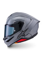Alpinestars S-R7 Solid Helm, Motorrad-Integralhelm, Grau Glänzend, Seitenprofil mit schlankem, aerodynamischem Design und integriertem Spoiler, schwarzes Stern-Logo und roter Akzent an der Unterseite