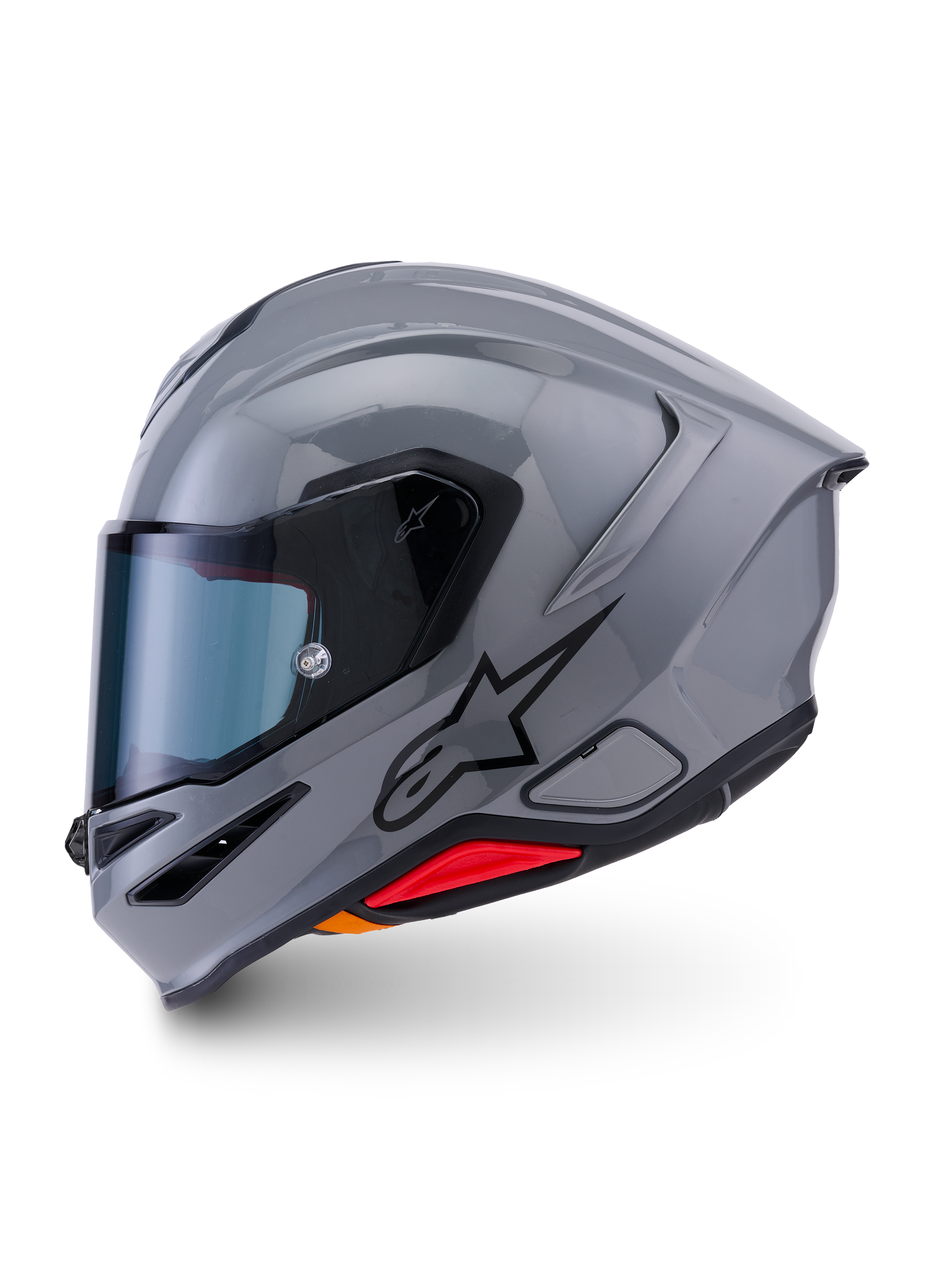 Alpinestars S-R7 Solid Helm, Motorrad-Integralhelm, Grau Glänzend, Seitenprofil mit schlankem, aerodynamischem Design und integriertem Spoiler, schwarzes Stern-Logo und roter Akzent an der Unterseite