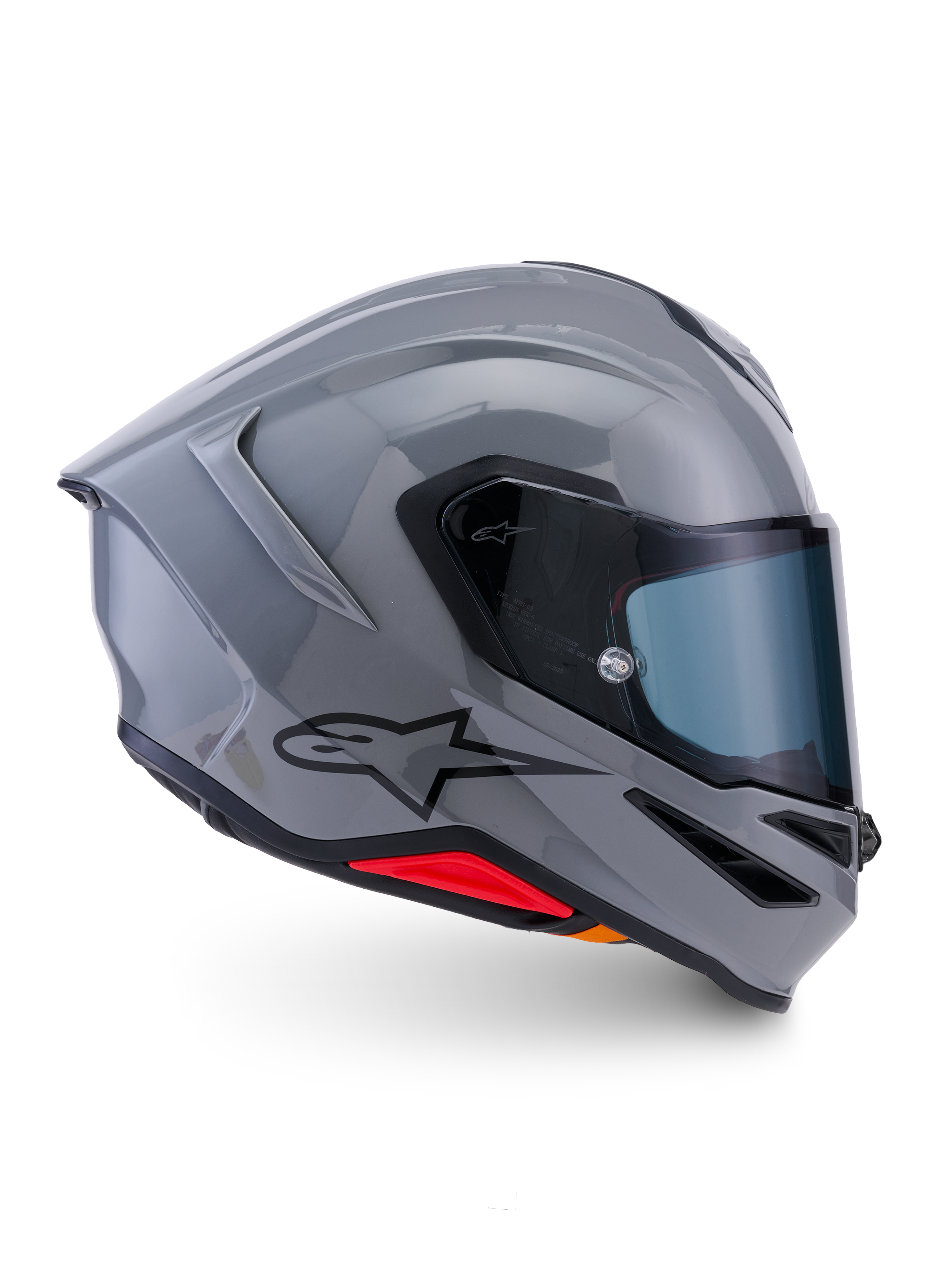 Alpinestars S-R7 Solid Helm, Integral-Motorradhelm, Grau glänzend, Seitenprofilansicht, glänzend graue aerodynamische Schale mit schwarzem Logo und roten Akzenten an der Basis, Hochleistungs-Rennsport- und Sport-Fahrausrüstung
