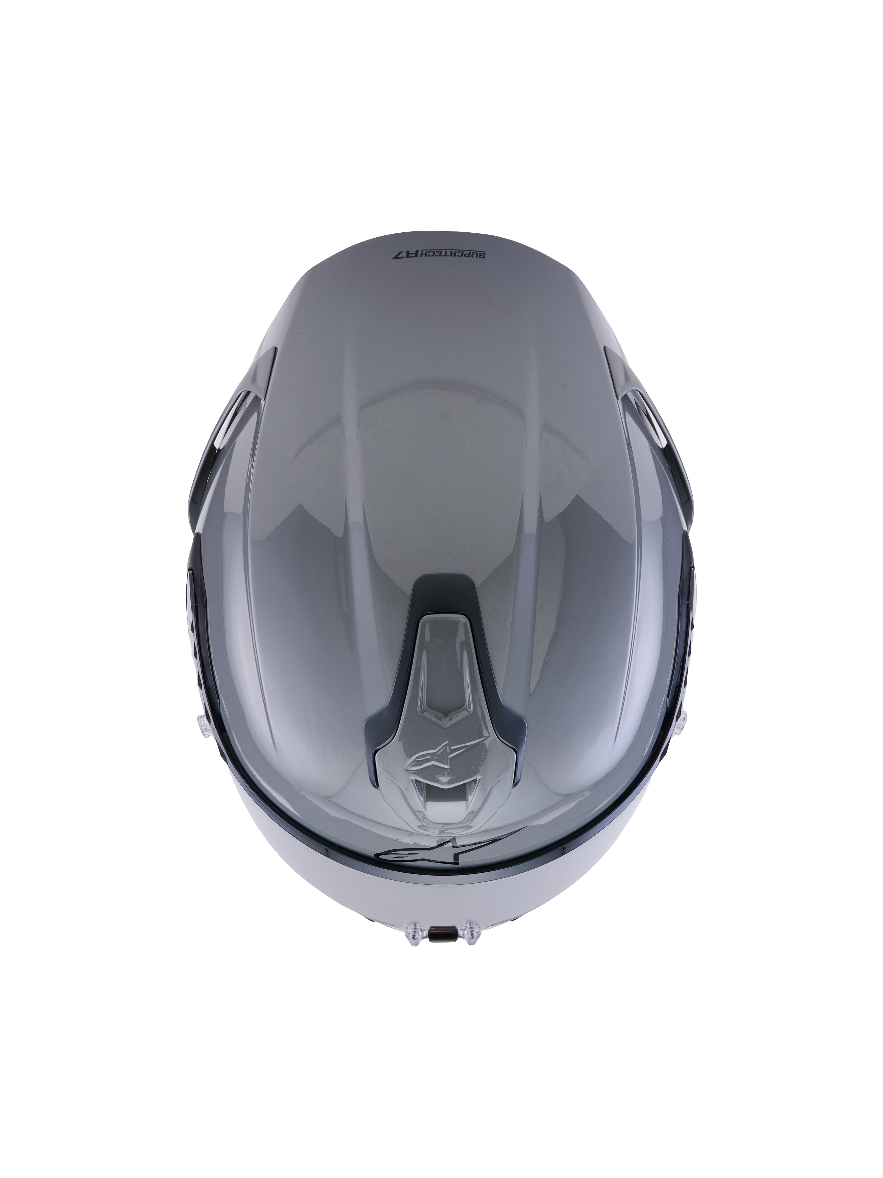 Alpinestars S-R7 Solid Helm, Grau Glänzend, Draufsicht, Hervorhebung des aerodynamischen Schalendesigns und der integrierten, verschiebbaren Belüftungsöffnungen oben.