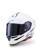 Alpinestars S-R7 Solid Helm, Motorrad-Integralhelm, Weiß glänzend, dunkel getöntes Visier, schwarzes Stern-Logo auf der Stirn und an der Seite, aerodynamische Schale mit Belüftungsöffnungen und roten Akzenten, Hochleistungs-Renn- und Straßenausrüstung