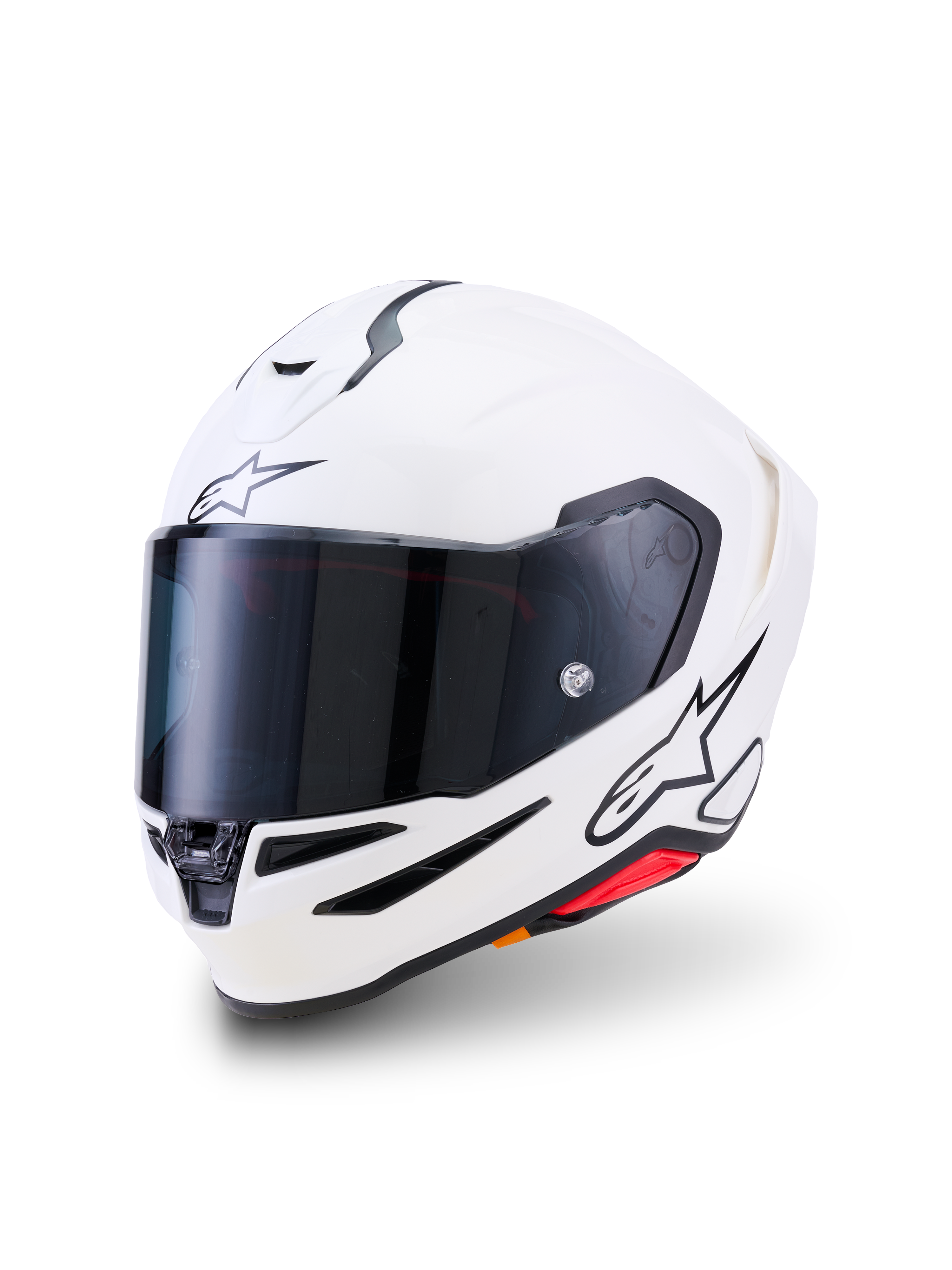 Alpinestars S-R7 Solid Helm, Motorrad-Integralhelm, Weiß glänzend, dunkel getöntes Visier, schwarzes Stern-Logo auf der Stirn und an der Seite, aerodynamische Schale mit Belüftungsöffnungen und roten Akzenten, Hochleistungs-Renn- und Straßenausrüstung