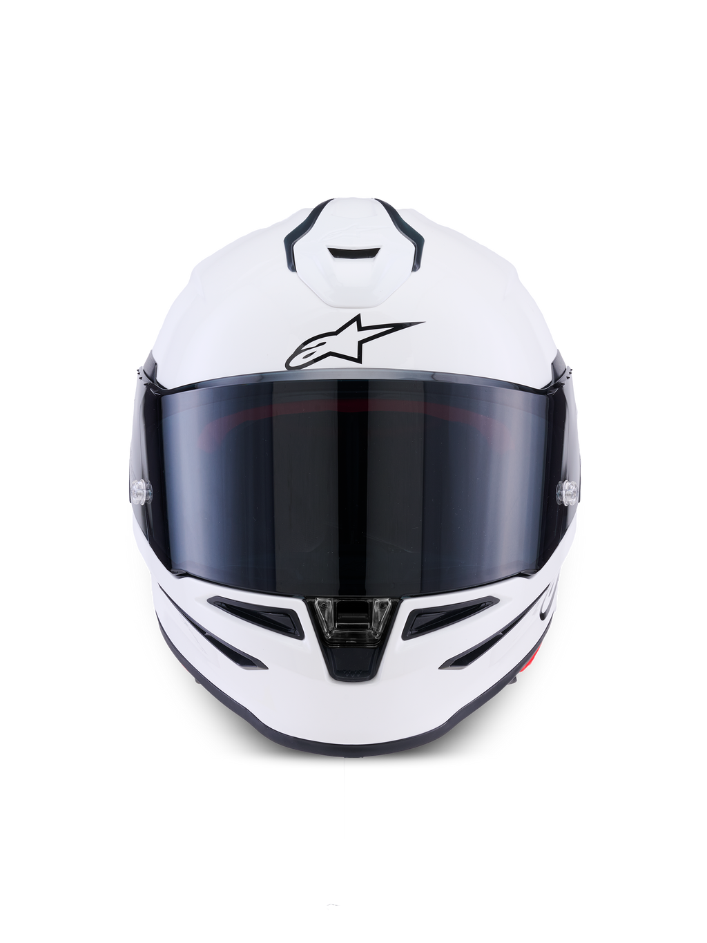 Alpinestars S-R7 Solid Helm, Integral-Motorradhelm, Weiß glänzend, Frontansicht mit dunkel getöntem Visier, aerodynamische Schale mit integrierten Belüftungsöffnungen, professionelle Renn- und Sportausrüstung