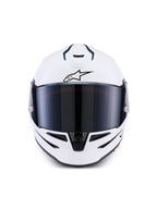 Alpinestars S-R7 Solid Helm, Integral-Motorradhelm, Weiß glänzend, Frontansicht mit dunkel getöntem Visier, aerodynamische Schale mit integrierten Belüftungsöffnungen, professionelle Renn- und Sportausrüstung