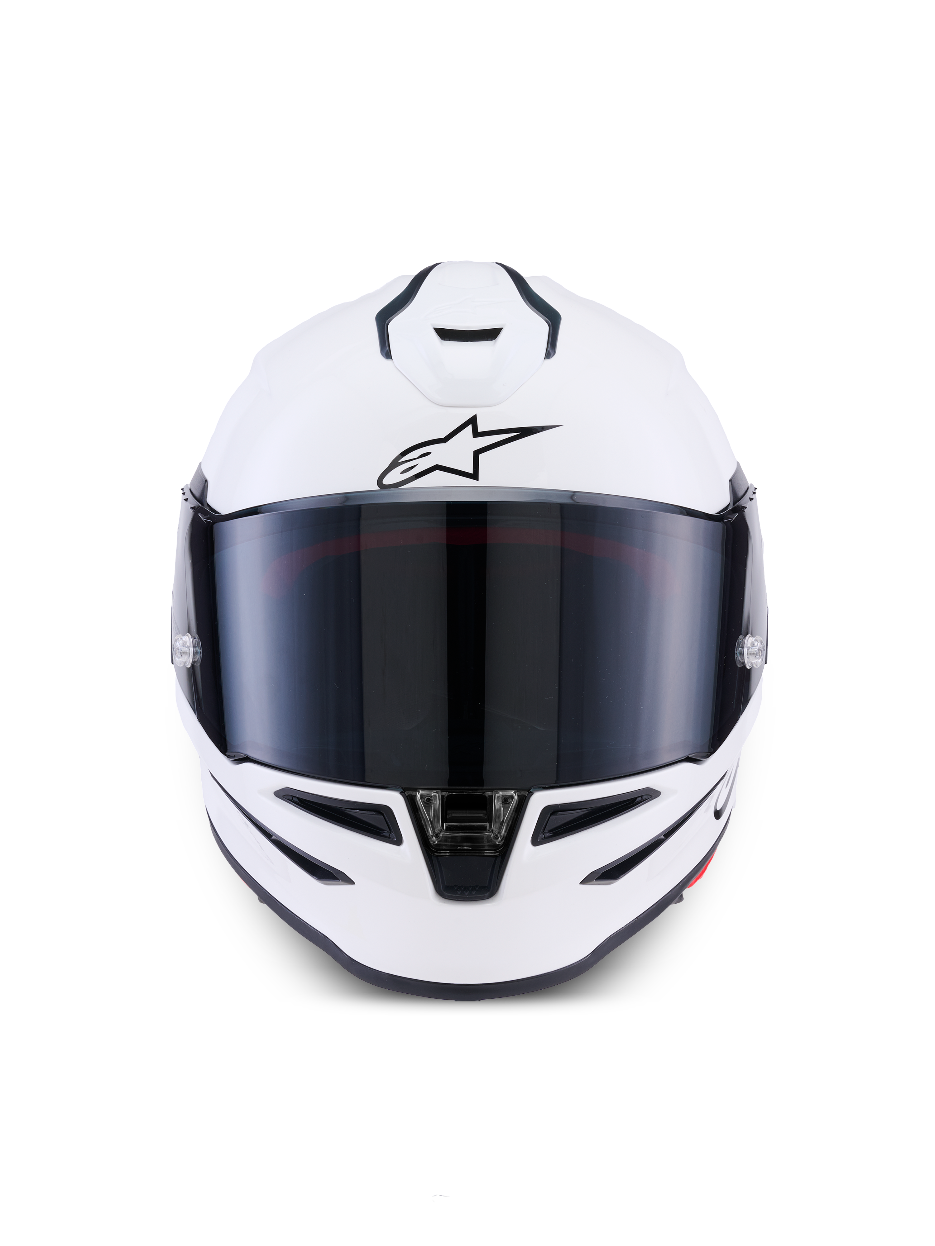 Alpinestars S-R7 Solid Helm, Integral-Motorradhelm, Weiß glänzend, Frontansicht mit dunkel getöntem Visier, aerodynamische Schale mit integrierten Belüftungsöffnungen, professionelle Renn- und Sportausrüstung