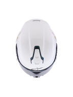 Alpinestars S-R7 Solid Helm, Glänzend Weißer Integralmotorradhelm, Draufsicht zeigt die aerodynamische Schale, verschiebbarer oberer Belüftungsschlitz mit schwarzen Akzenten und charakteristischem Stern-Logo, schlankes, vom Rennsport inspiriertes Design für Stabilität bei hohen Geschwindigkeiten.
