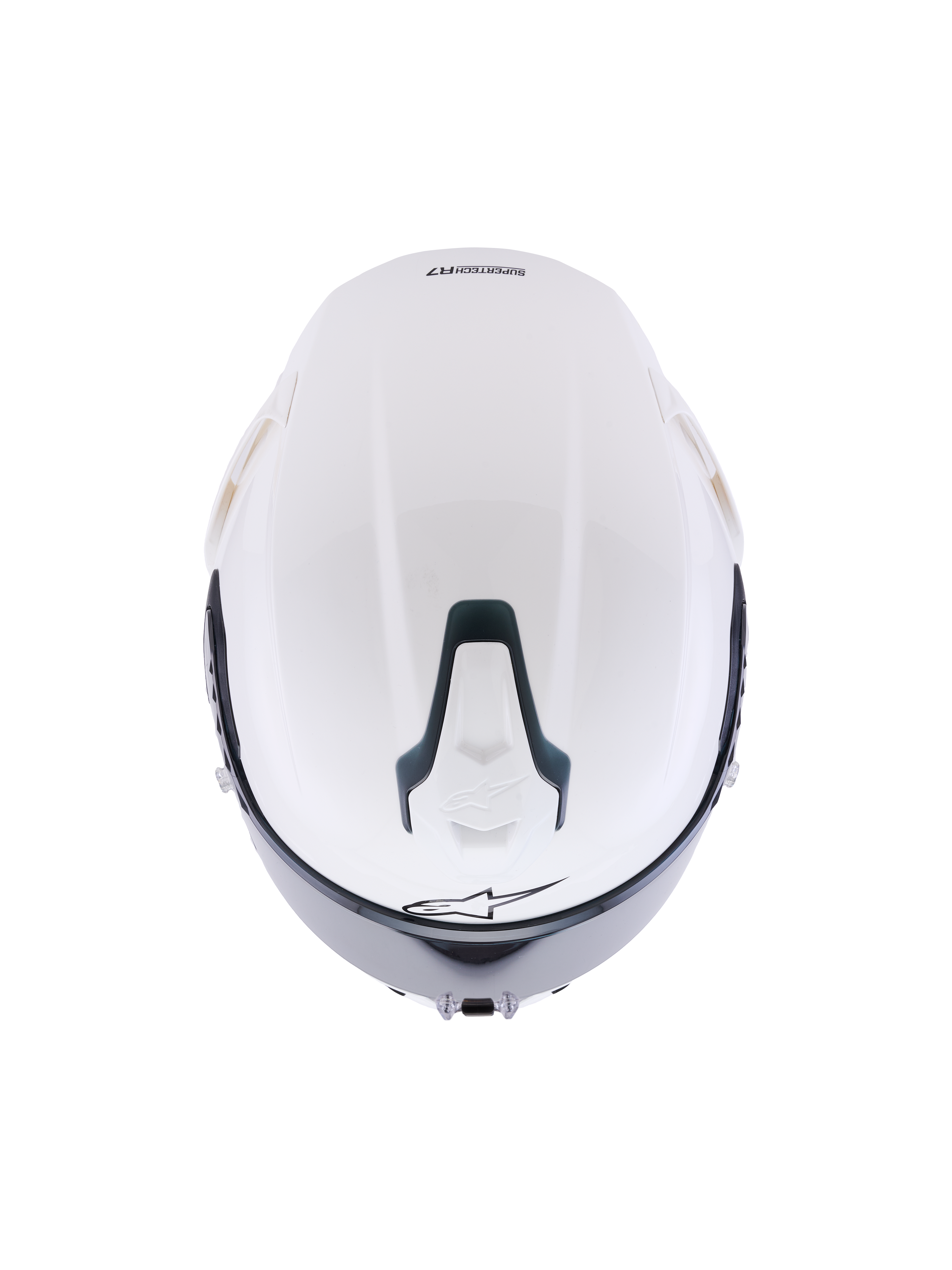 Alpinestars S-R7 Solid Helm, Glänzend Weißer Integralmotorradhelm, Draufsicht zeigt die aerodynamische Schale, verschiebbarer oberer Belüftungsschlitz mit schwarzen Akzenten und charakteristischem Stern-Logo, schlankes, vom Rennsport inspiriertes Design für Stabilität bei hohen Geschwindigkeiten.