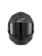 Alpinestars Supertech R7 Solid Helm, matte zwarte integraalmotorhelm, vooraanzicht met getint vizier, wit Astar logo en koolstofcomposietconstructie