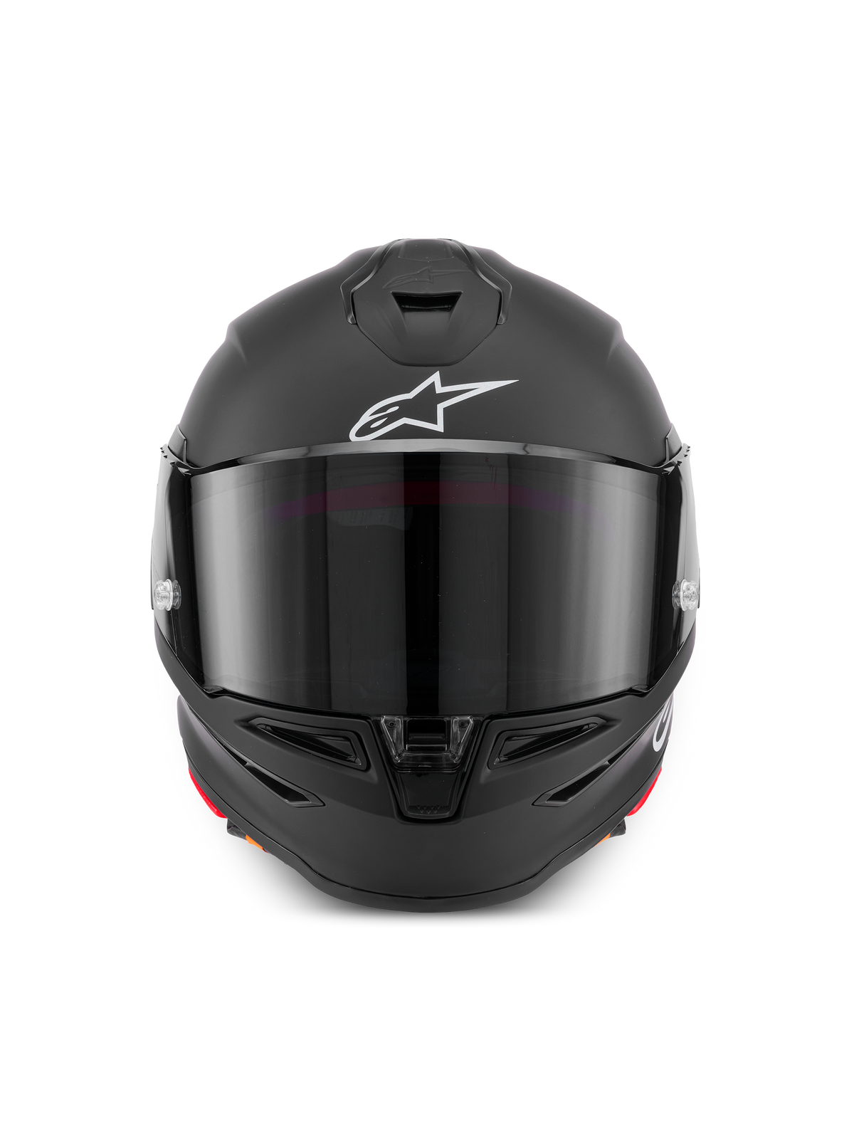 Alpinestars Supertech R7 Solid Helm, matte zwarte integraalmotorhelm, vooraanzicht met getint vizier, wit Astar logo en koolstofcomposietconstructie
