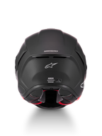 Alpinestars S-R7 Solid helm ECE06/DOT, motorracehelm, matzwart, achteraanzicht met Supertech R7-branding, ventilatieafzuiging en certificeringslabels