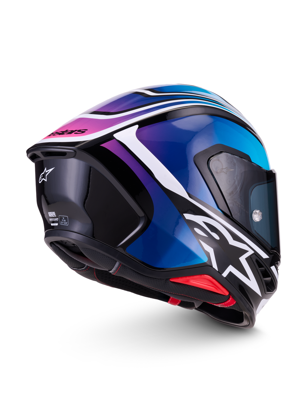 Alpinestars S-R7 Zeal Casque ECE06, casque de moto intégral racing noir, bleu, rose fluo et blanc brillant, vue de profil et de l'arrière mettant en valeur le spoiler aérodynamique et le design graphique