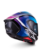 Alpinestars S-R7 Zeal Casque ECE06, casque de moto intégral racing noir, bleu, rose fluo et blanc brillant, vue de profil et de l'arrière mettant en valeur le spoiler aérodynamique et le design graphique